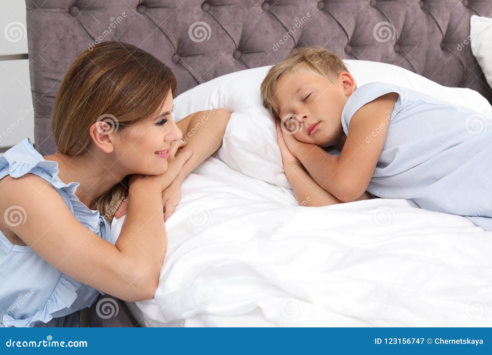 Mother Watching Her Son Sleep In Bed Stock Image Image Of Parent