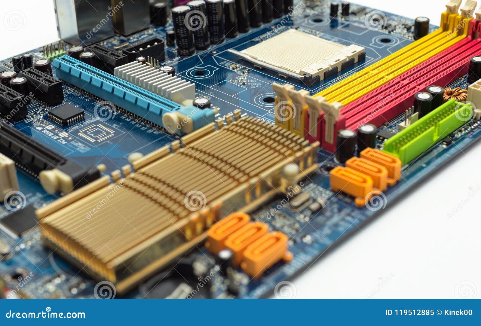 motherboard with visible pci express connector slot, heat sink, memory slot, cpu socket in blue.