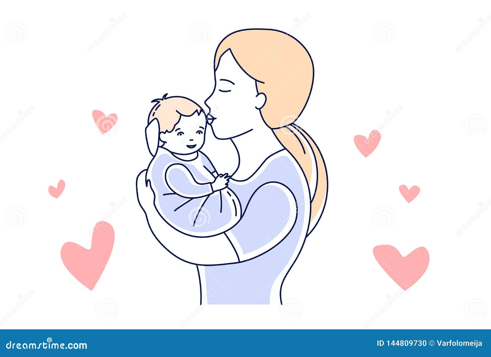 Mother and Baby. Motherhood Love. Mom Kissing a Child Hand Drawn ...