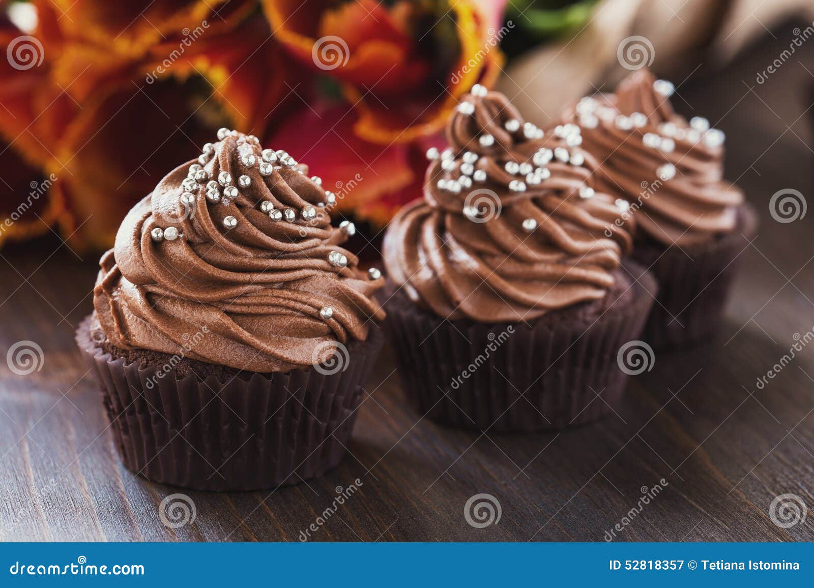 Mothers Day Chocolate Cupcakes with Spring Tulips Stock Image Image