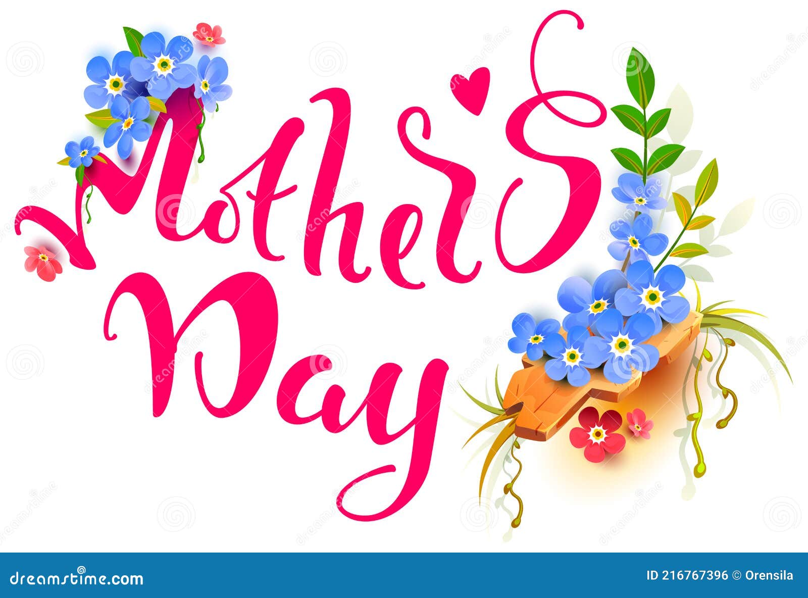 Mothers Day Greeting Card Lettering Text and Blue Flower Bouquet ...