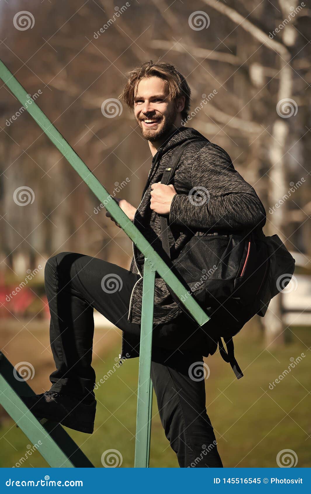 One more step. Man handsome guy enjoy morning walk blue sky