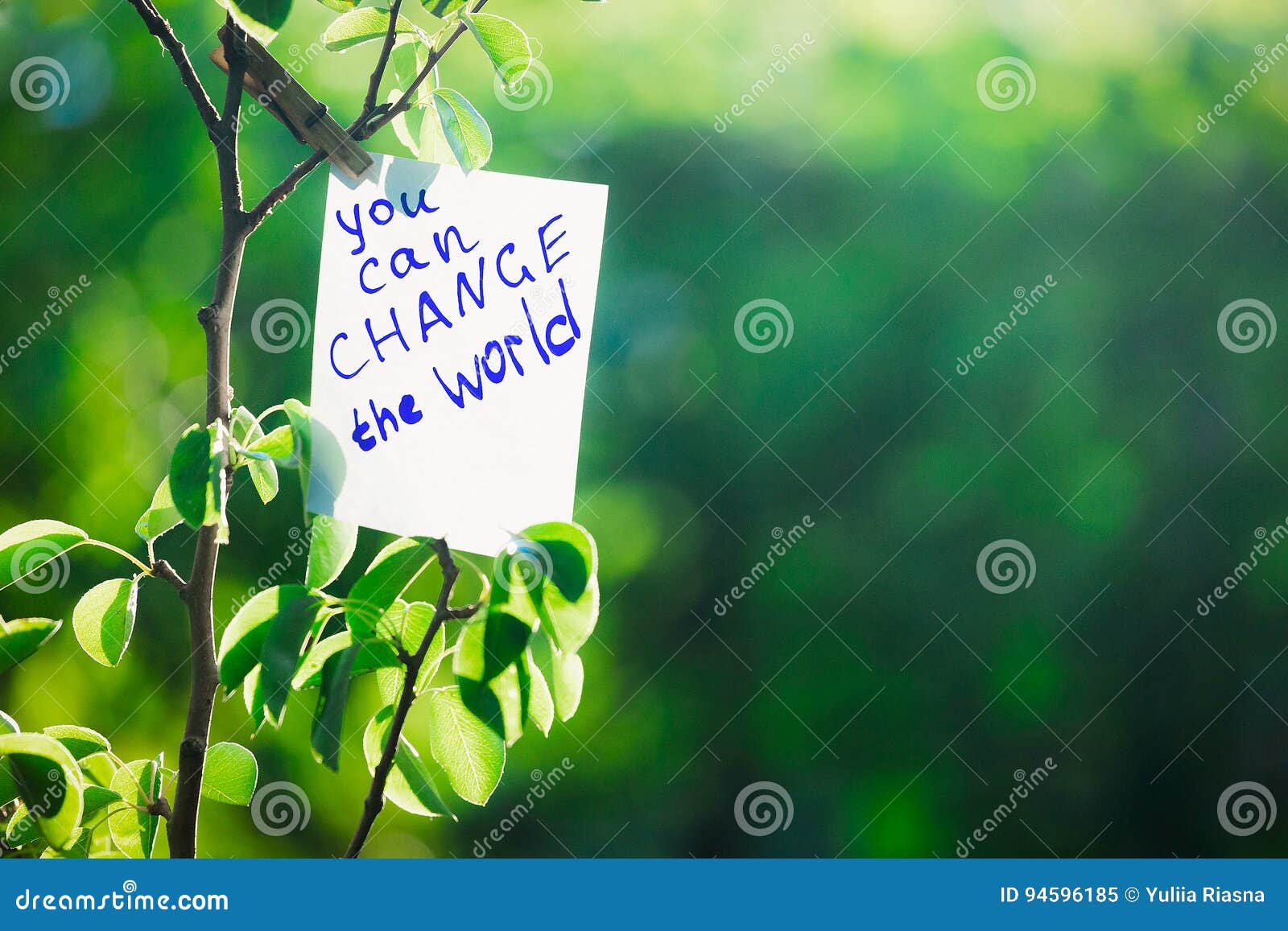 motivating phrase you can change the world. on a green background on a branch is a white paper with a motivating phrase.