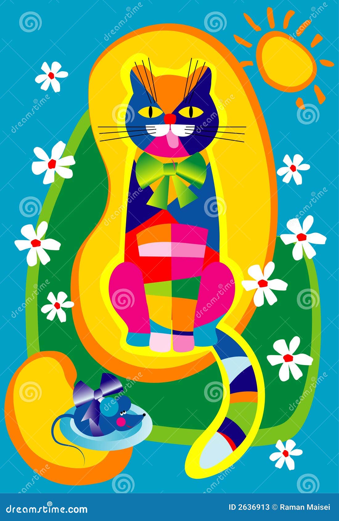Motley Cat and a Blue Mouse Stock Vector Illustration of particolored