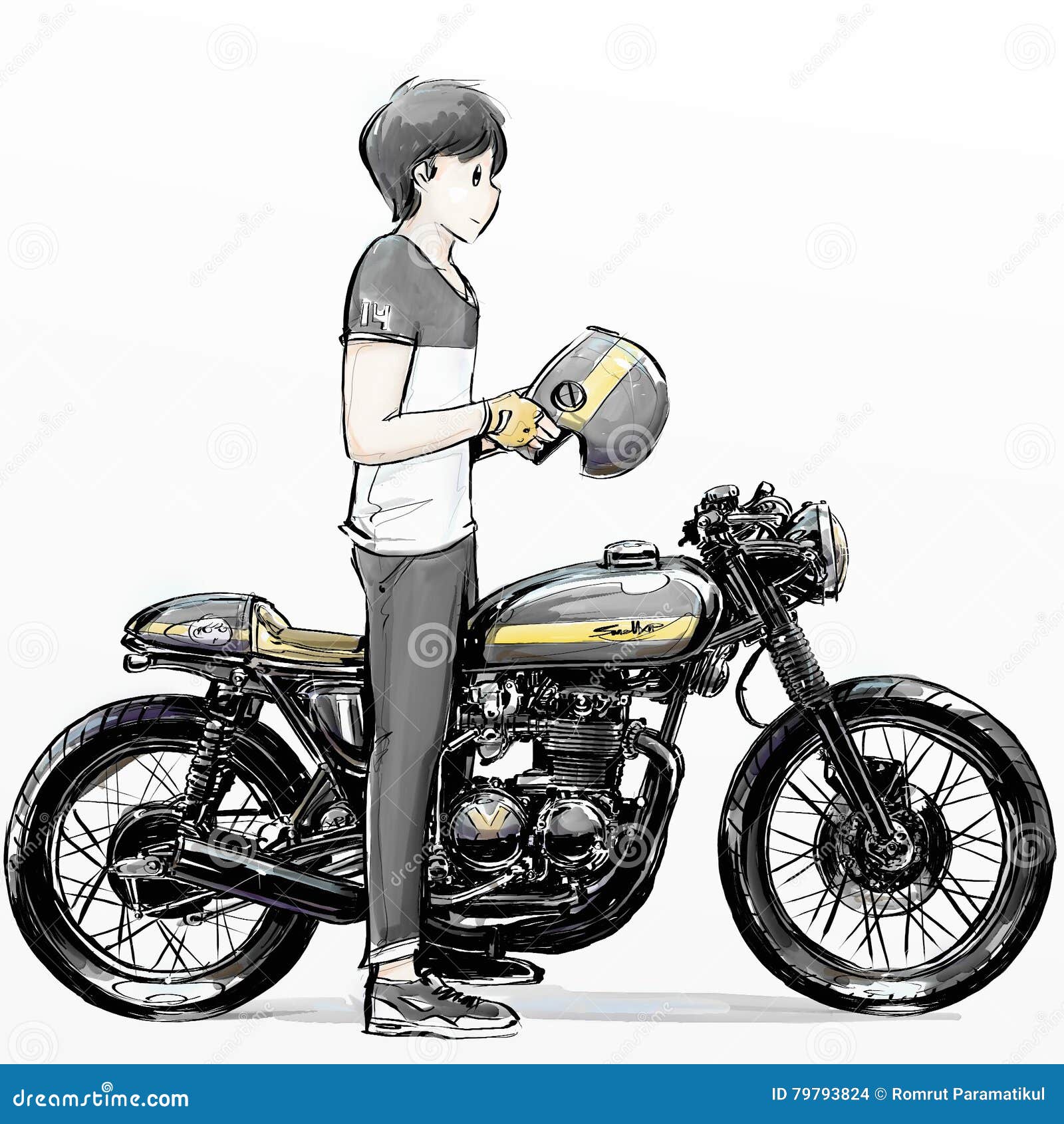 Mão De Desenho Animado Desenhado Equitação Motocicleta Menino