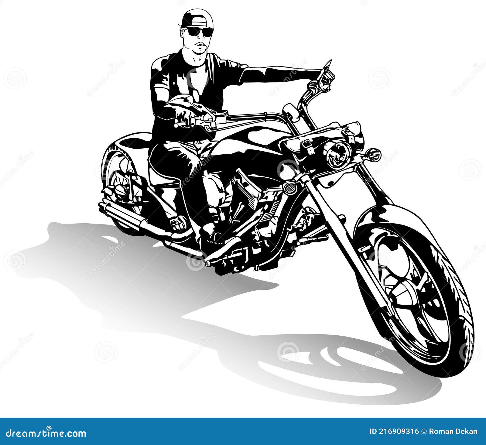 Desenho de motociclista em uma motocicleta, ilustração vetorial de contorno