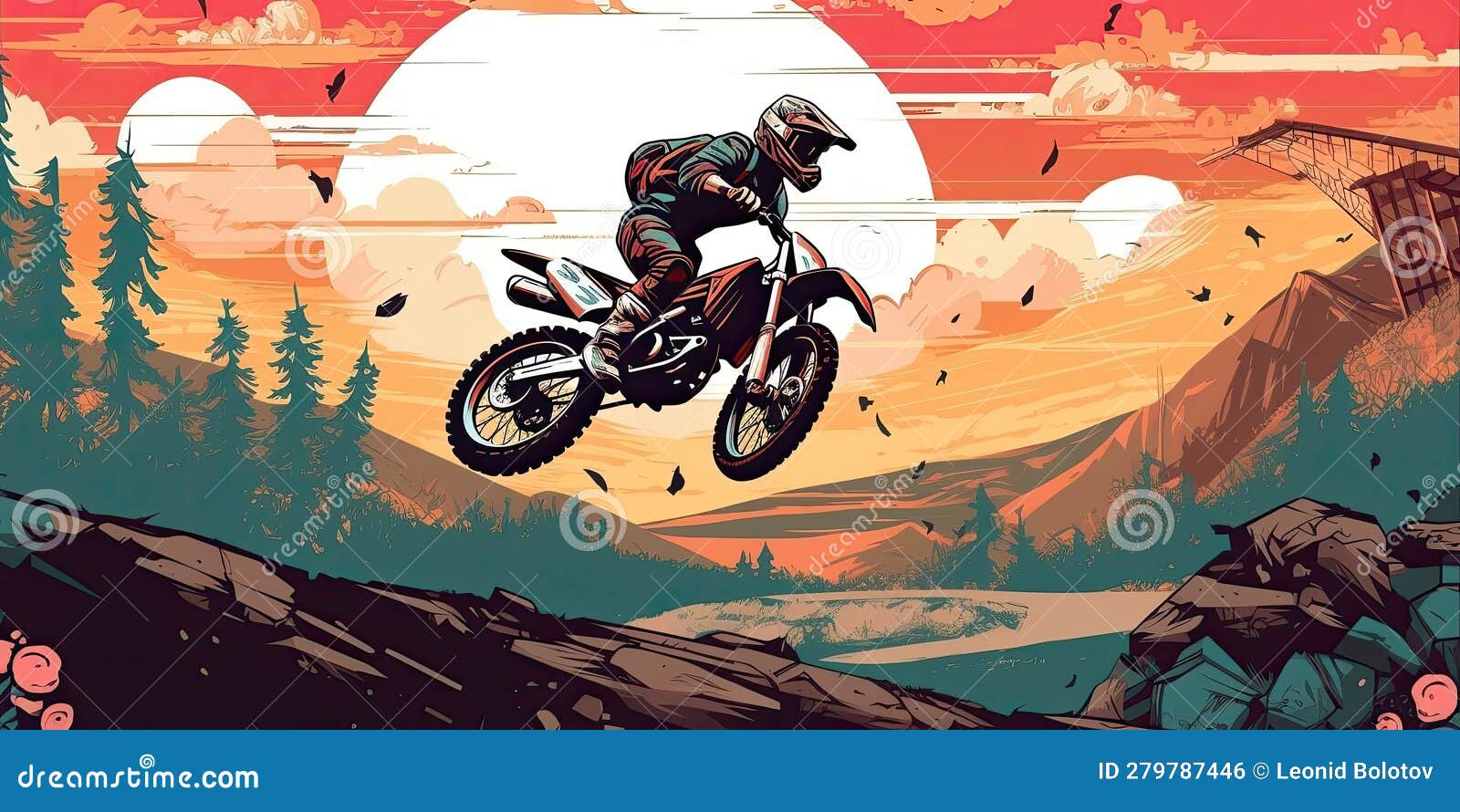 racer on a motorcycle does a stunt jump. supercross, motocross, high speed. sports concept. digital art. comic book style ai