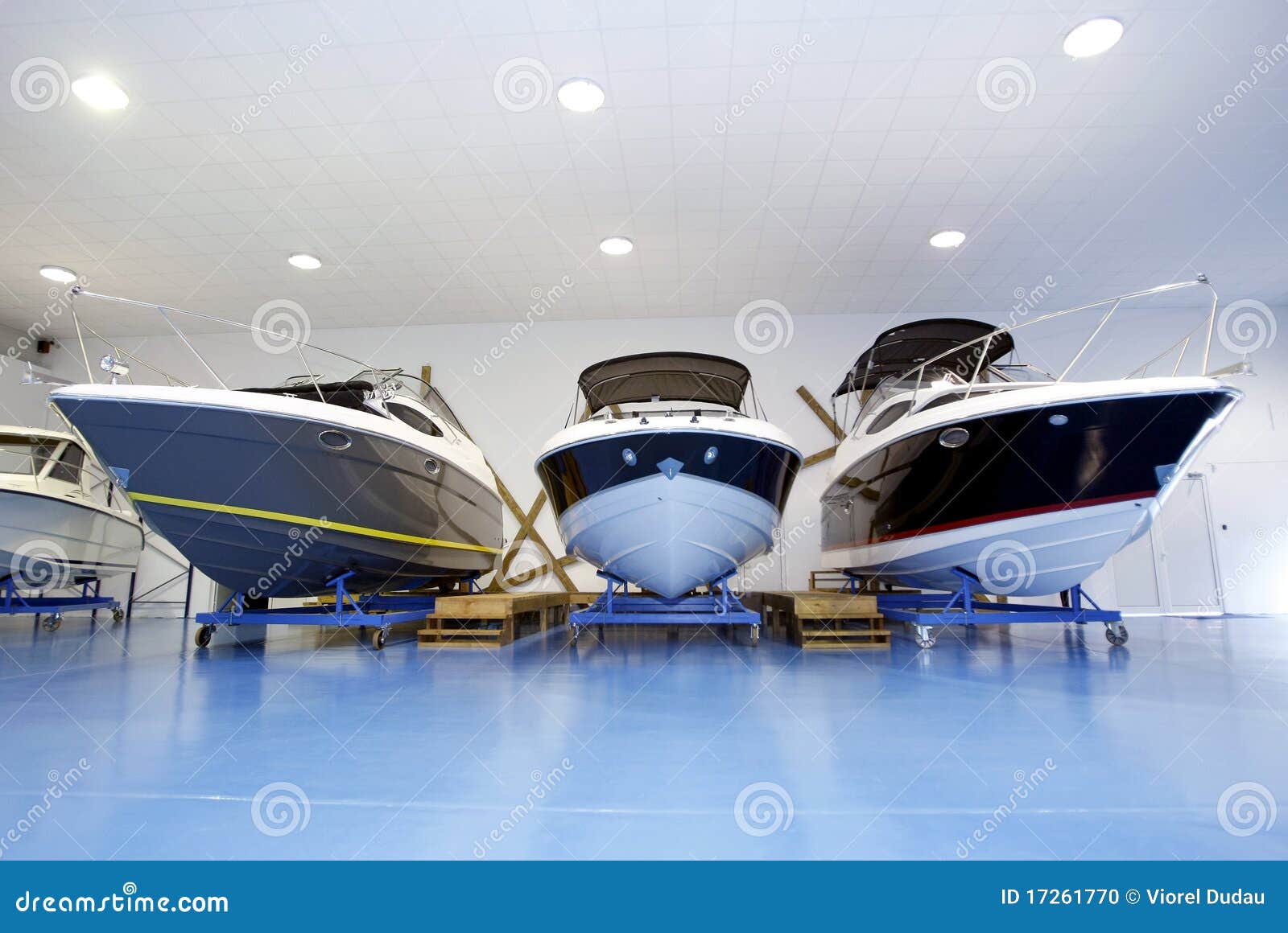 motor boats in showroom or garage