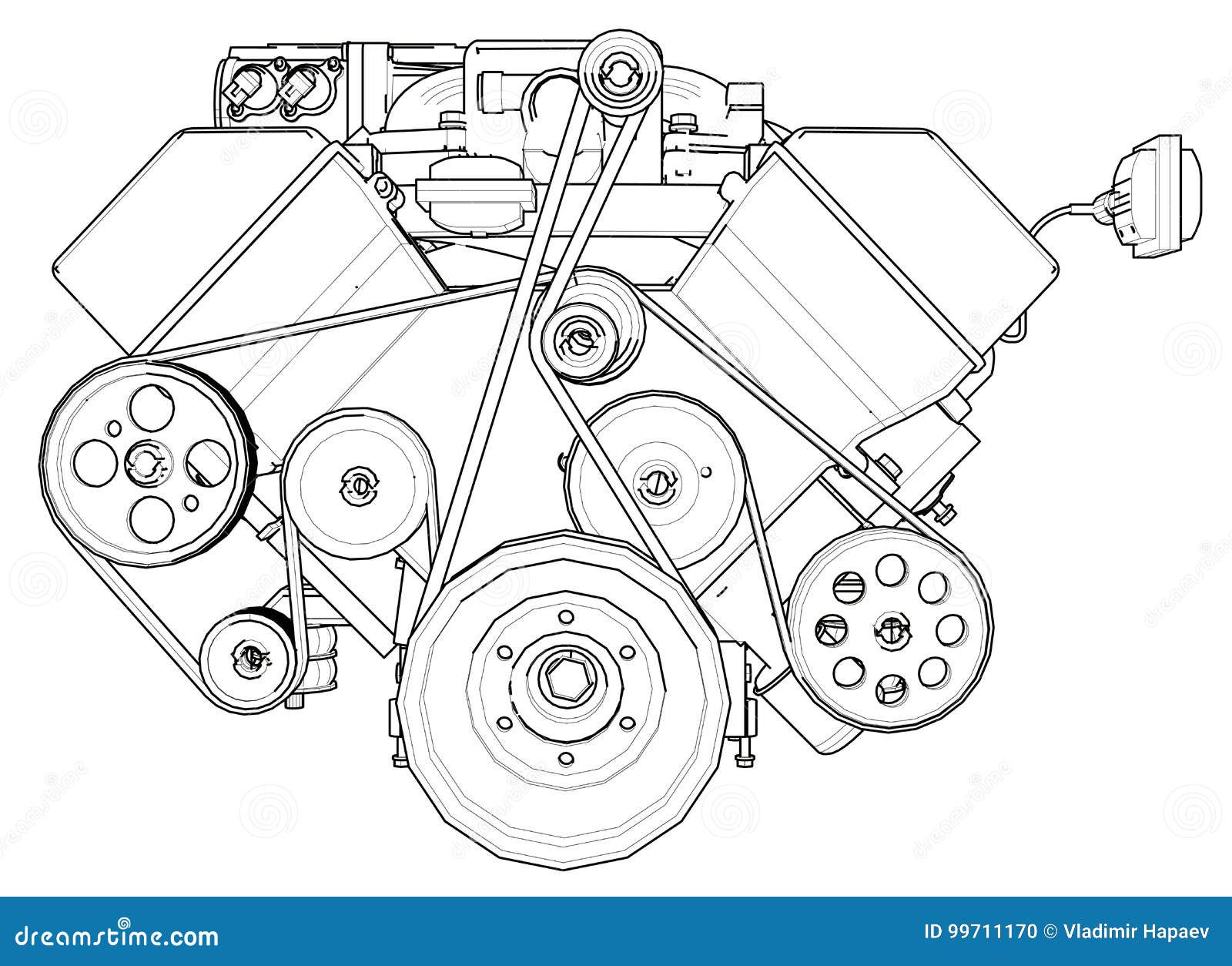 Motor de carro poderoso. o motor é desenhado com linhas pretas sobre fundo  branco.