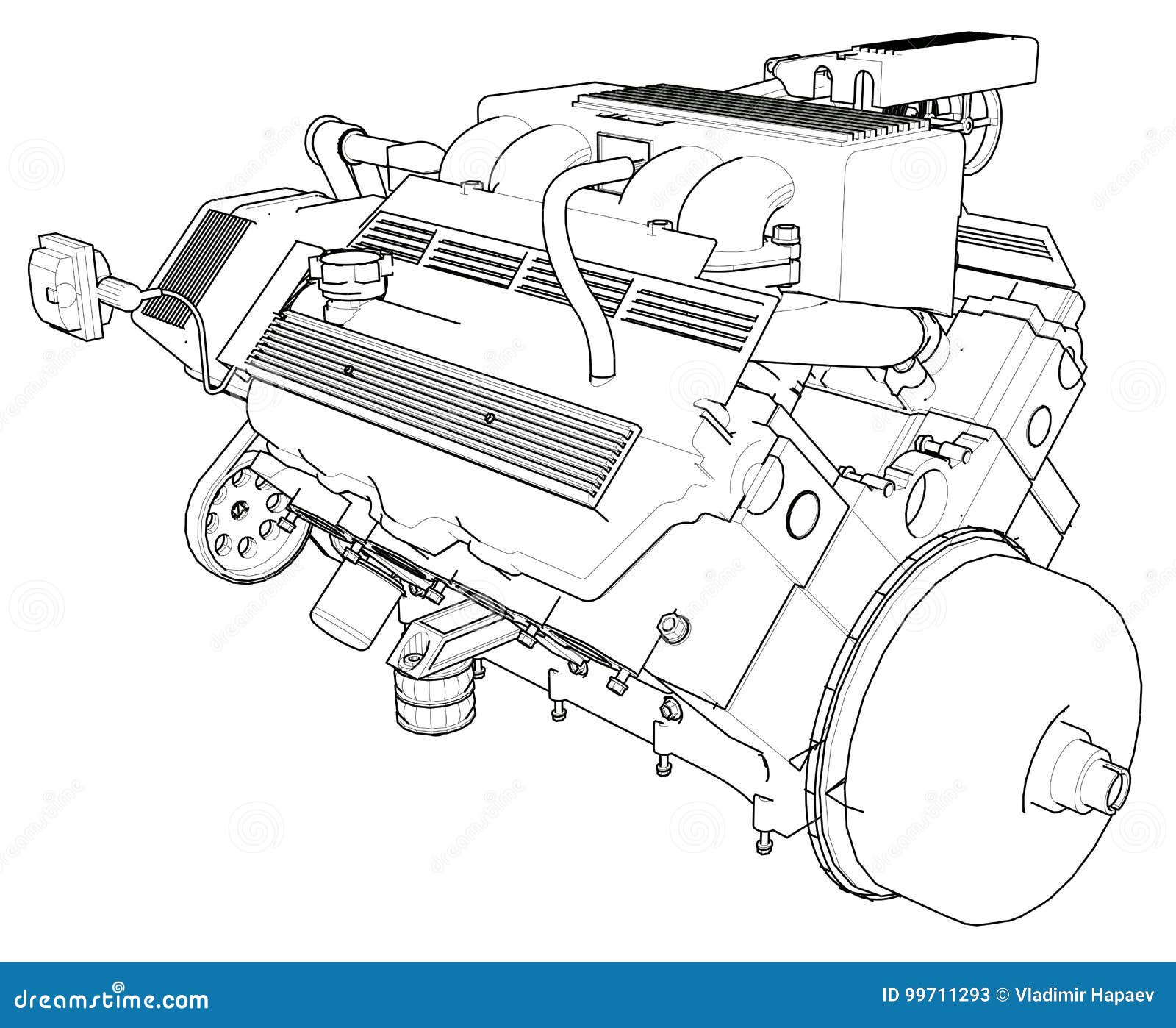 Motor de carro poderoso. o motor é desenhado com linhas pretas sobre fundo  branco.