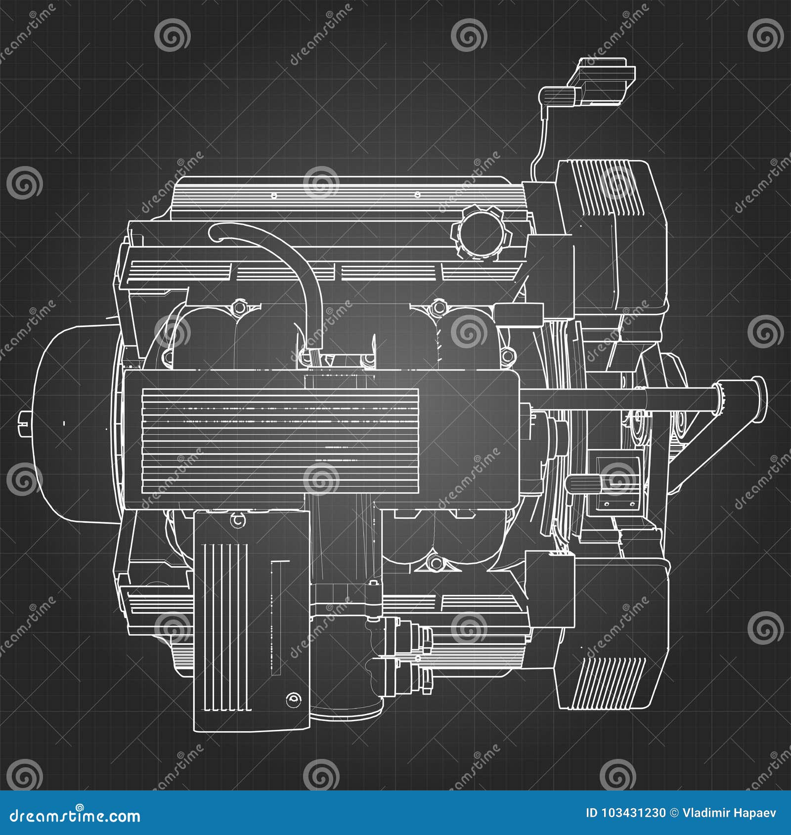 Motor de carro poderoso. o motor é desenhado com linhas pretas sobre fundo  branco.