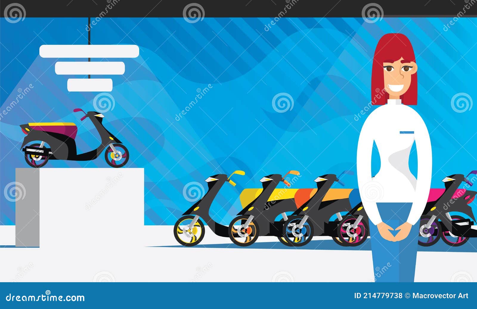 Motor Scooter Store with Female Consultant Flat Stock Vector