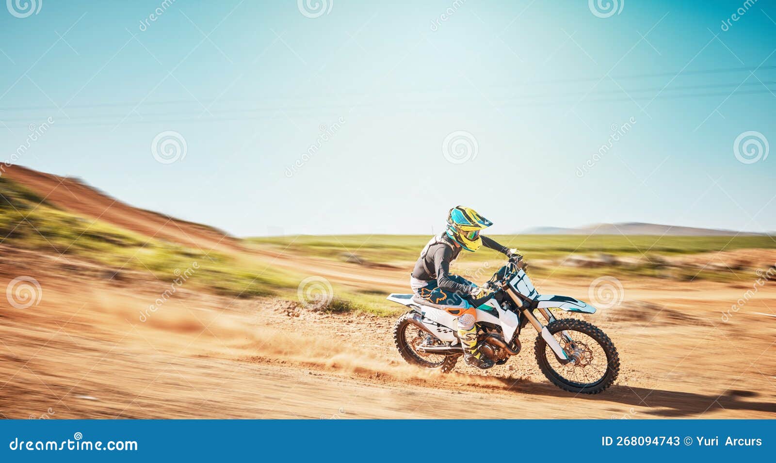 motorbike, motorsports and speed on dunes with power, sky mockup and offroad path. driver, motorcycle and travel on dirt