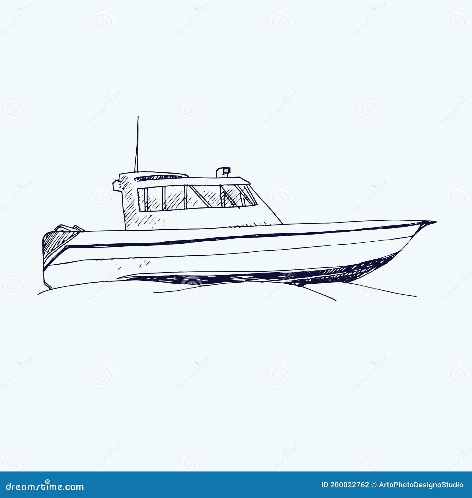 Motorboat, Hand Drawn Doodle, Sketch, Black and White Illustration