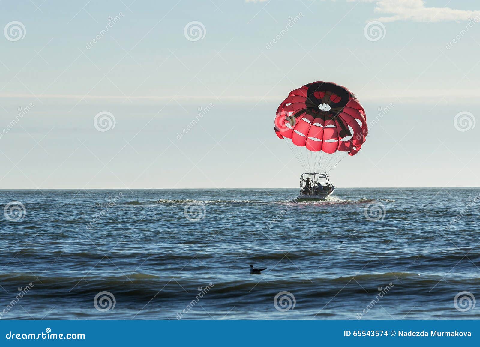 motorboat towing a parasail parachute with a suspended person in