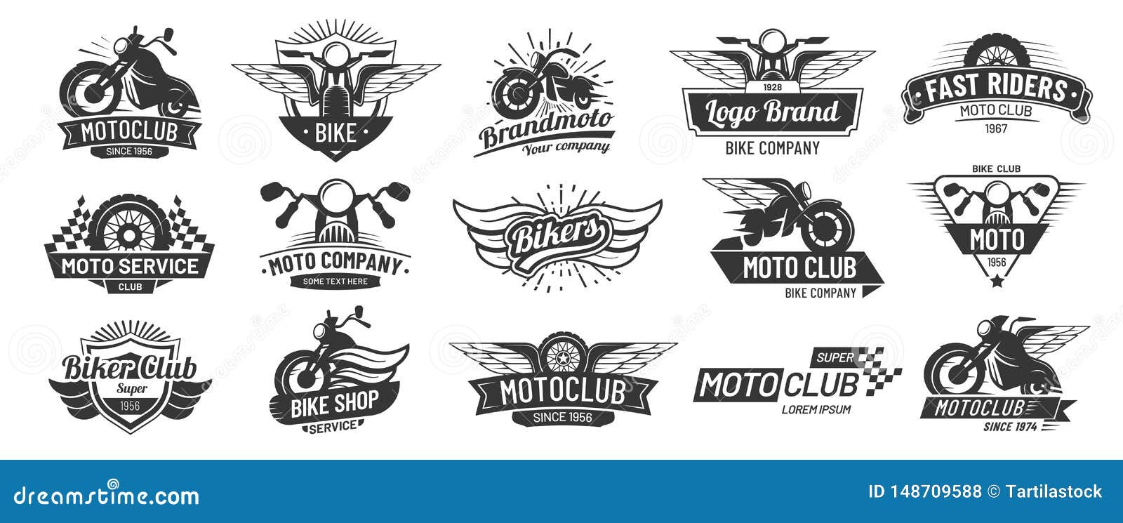 motorcycle badges. bikers club emblems, motorbike custom repair and wheel wings badge. retro motorcycles motor emblem