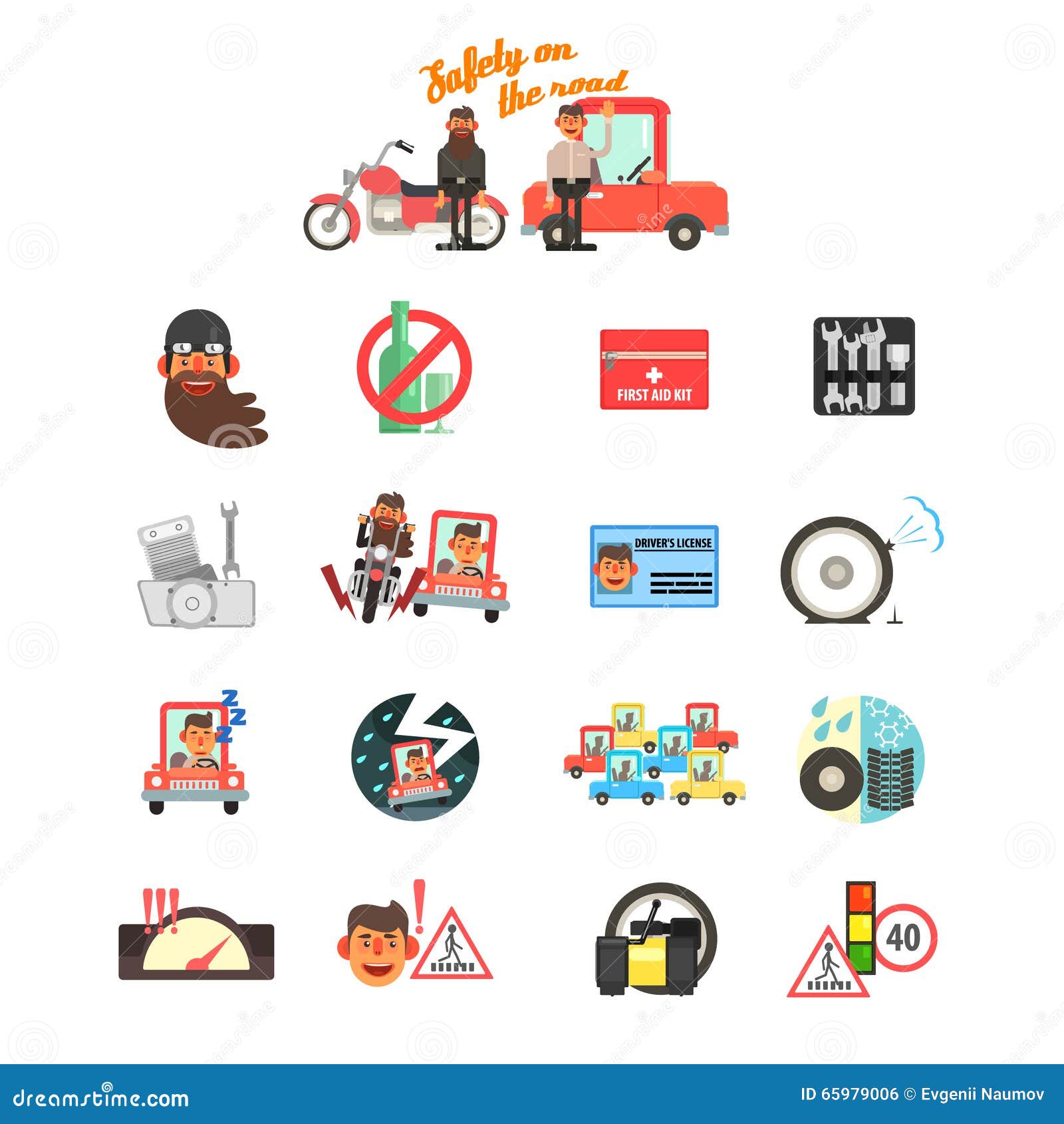 Motorcycle and Car Safety Drive Rules. Vector Illustration Set Stock