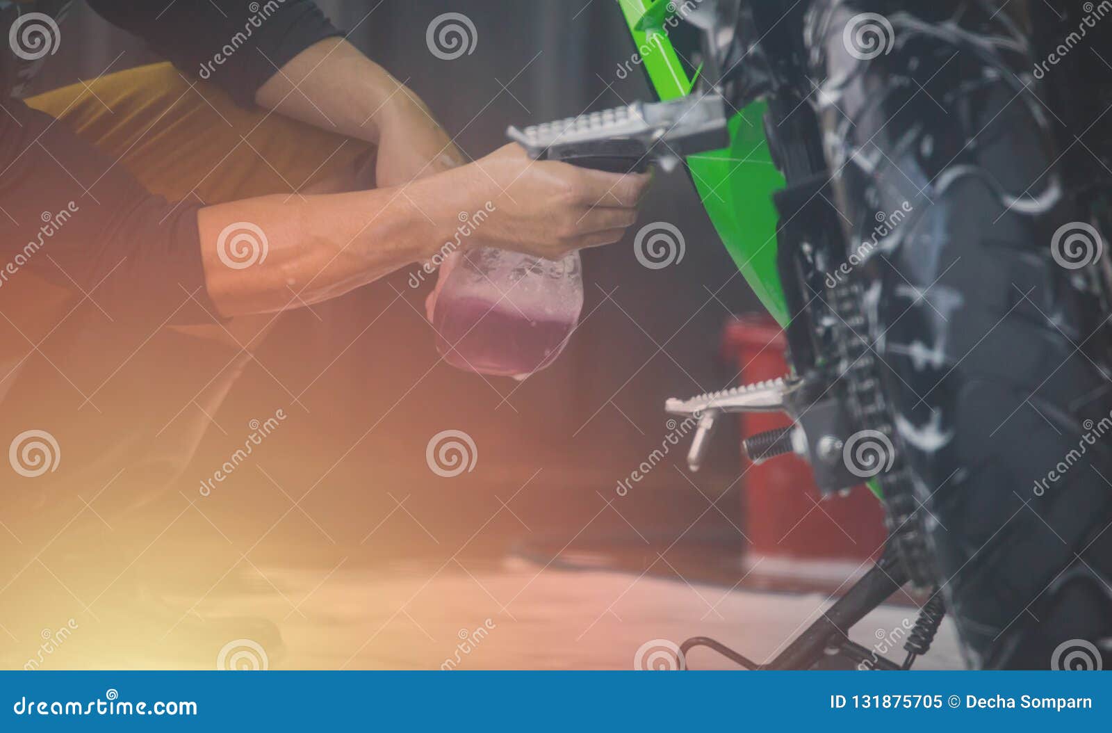 Motorcycle Clean Service. Employees are Washing Motorbikes. Stock Image