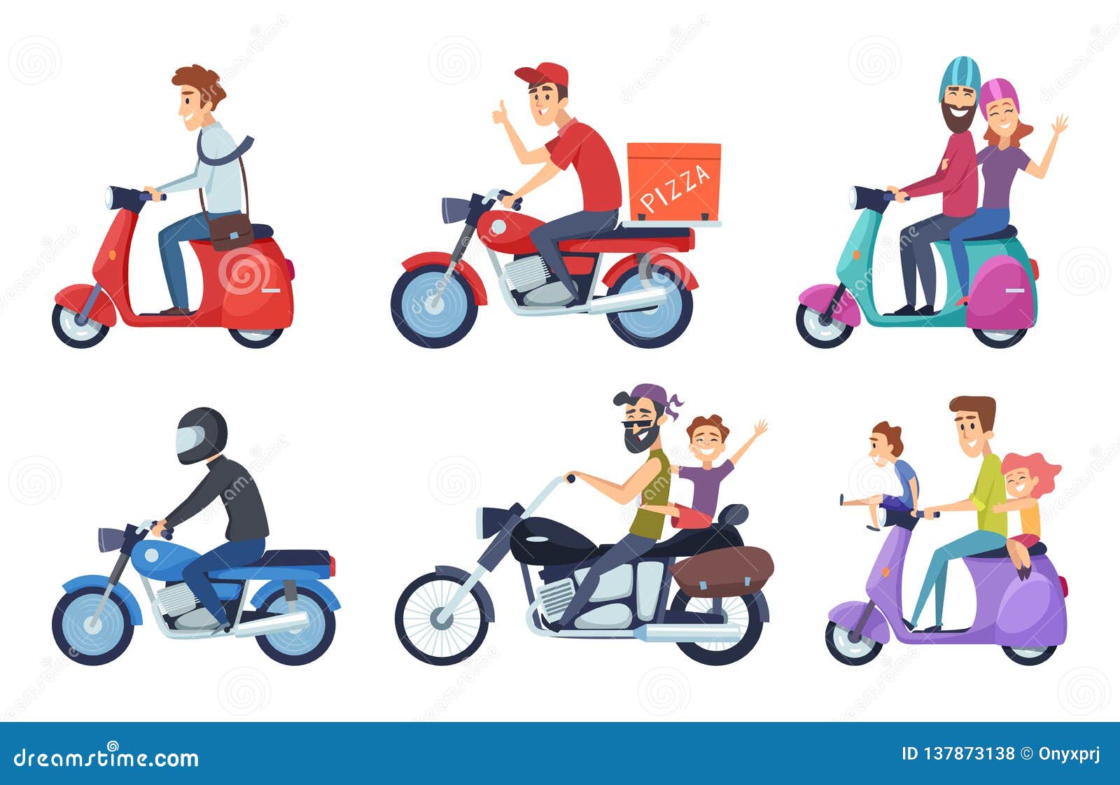 Motorcycle Driving. Man Rides with Woman and Kids Postal Food Pizza Deliver  Vector Characters Cartoon Stock Vector - Illustration of design, bike:  137873138