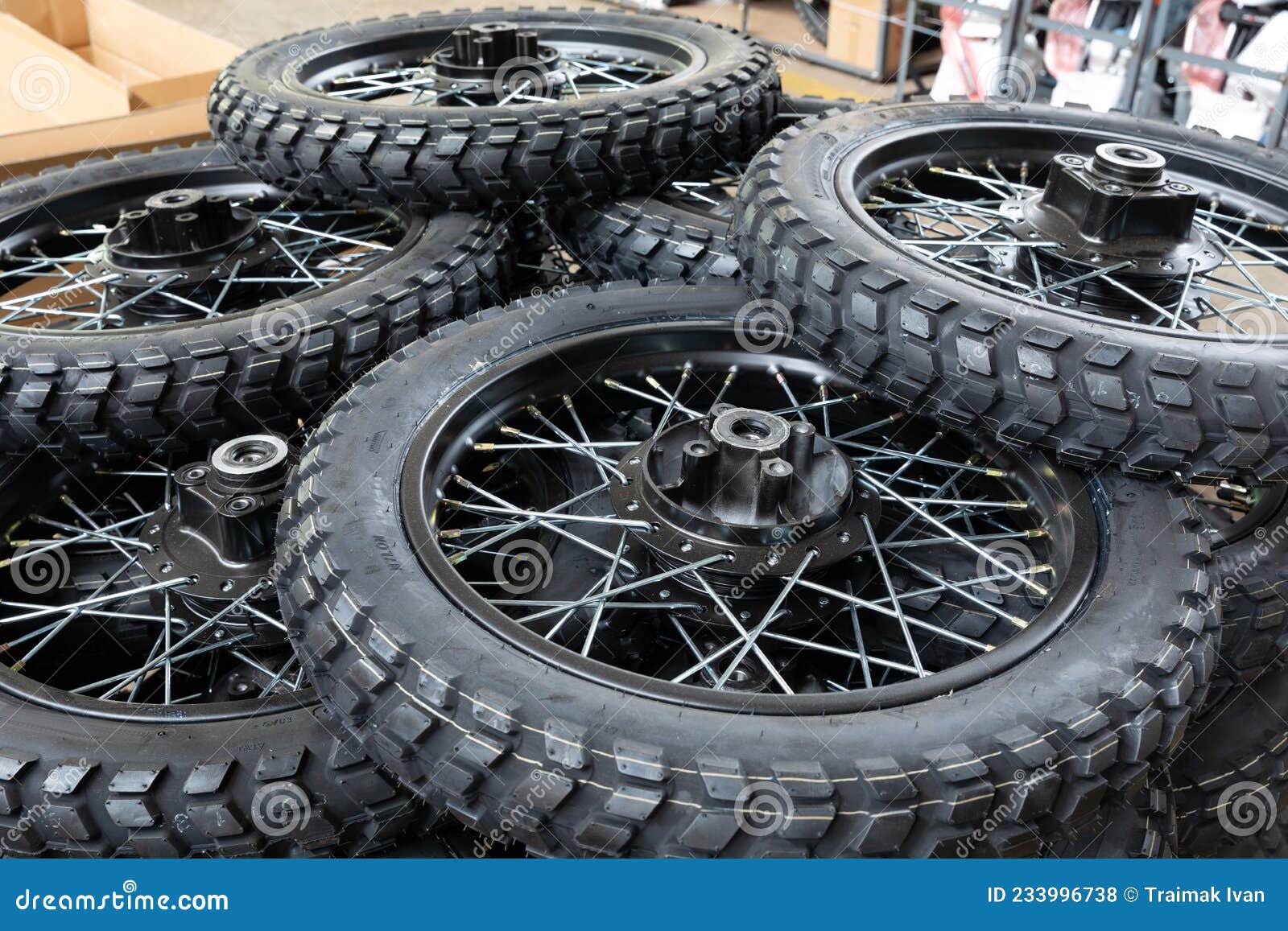 Motorcycle Factory, Mount of Wheels and Tires before Installation Stock