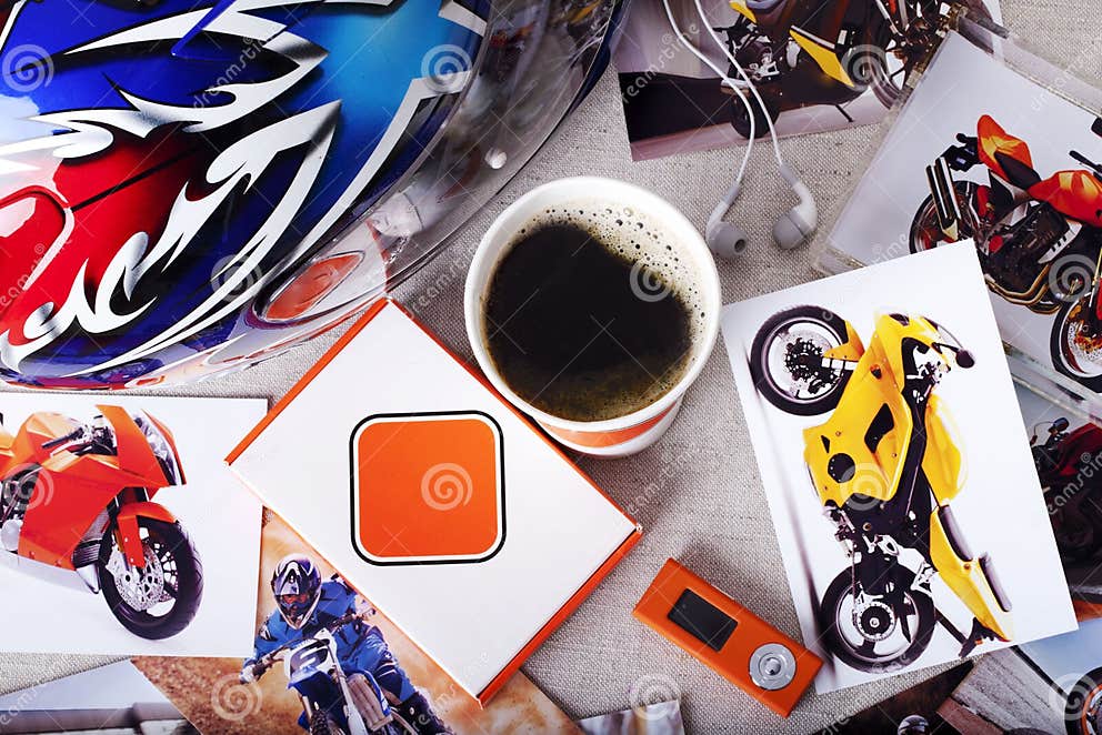 Motorcycle, helmet, coffee stock image. Image of motorbike - 68169407