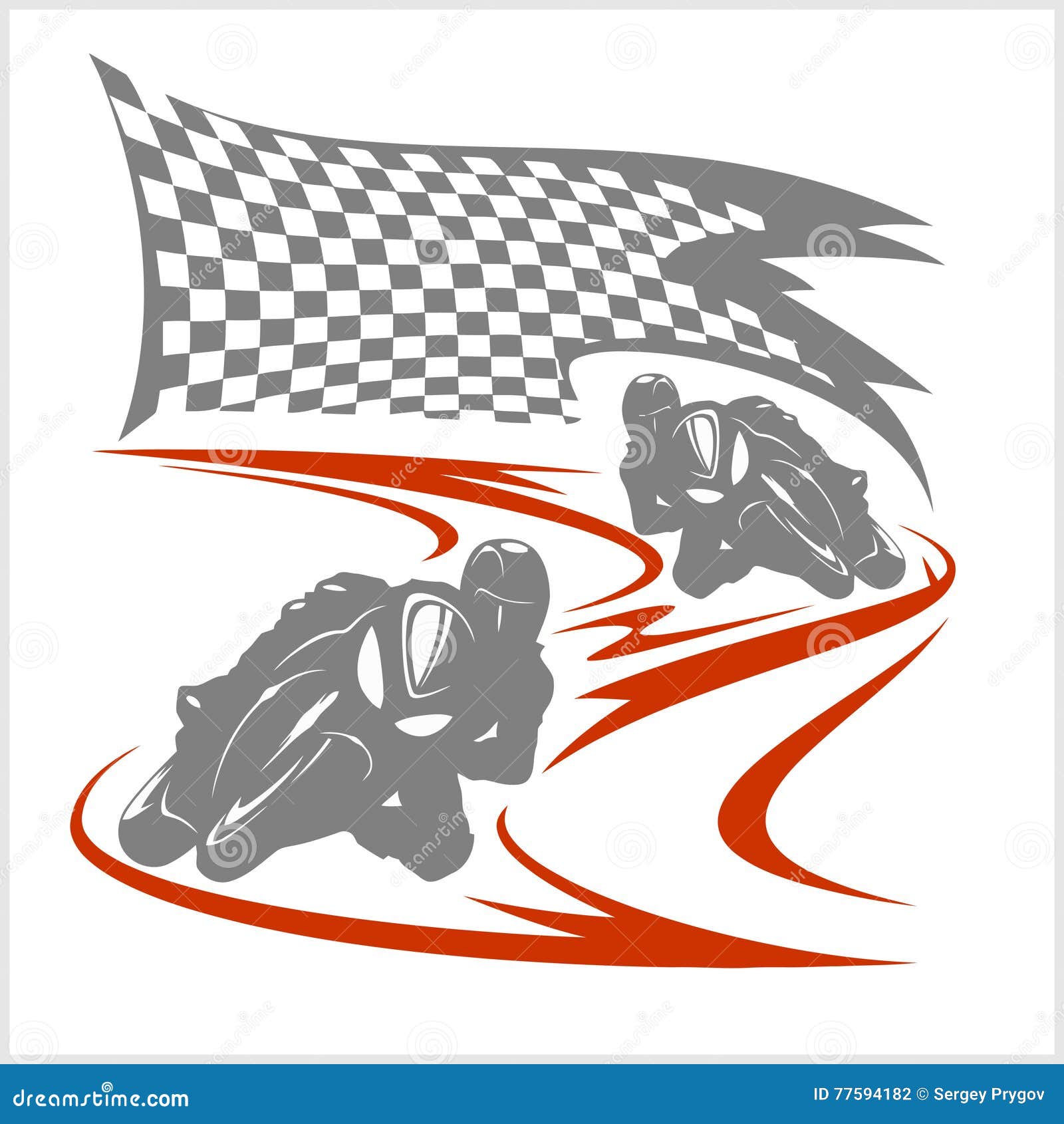 Motorcycle Racing on the Racetrack and Checkered Flag Stock Vector