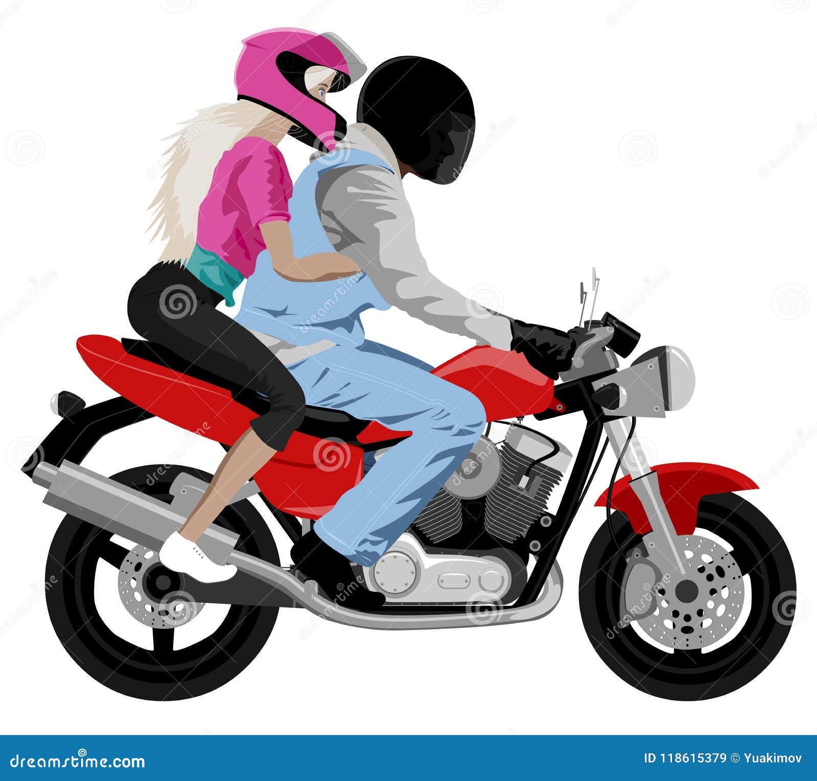 motorcycle with rider and beautiful girl passenger wearing helmet side view  on white  