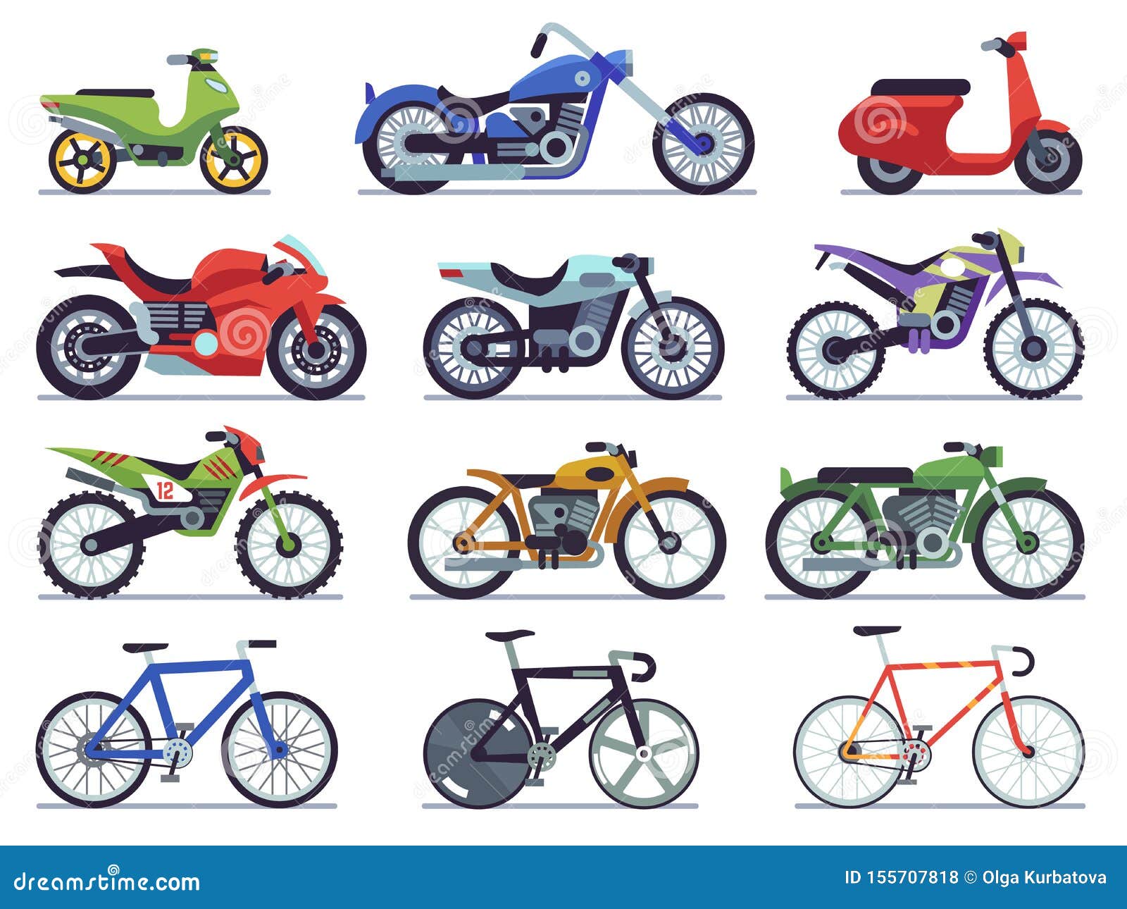 motorcycle set. motorbike and scooter, sport bike and chopper. motocross race and delivery vehicles side view 