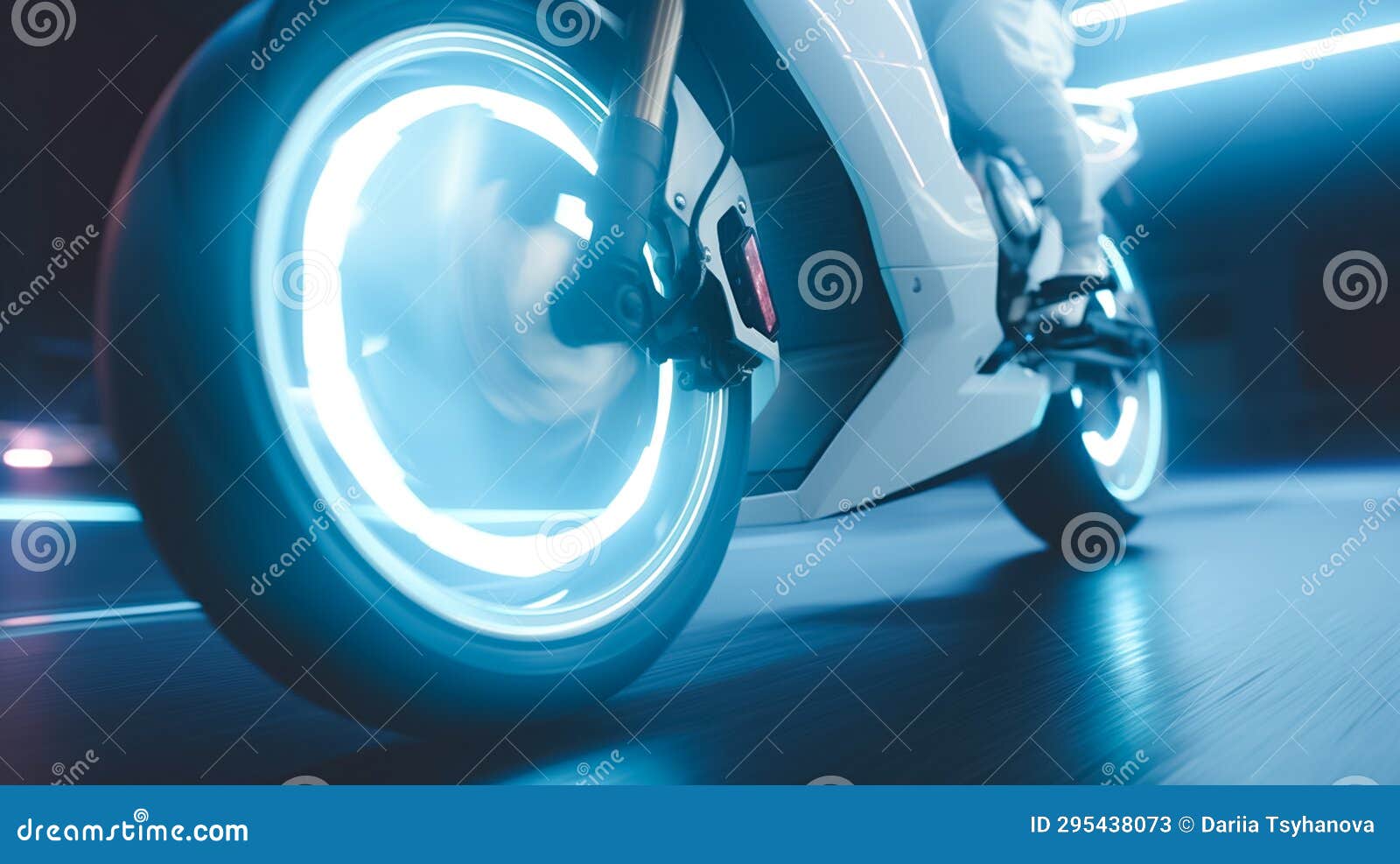 Motorcycle Wheel Rim in Motion with Led Lights White Spokes. Stock