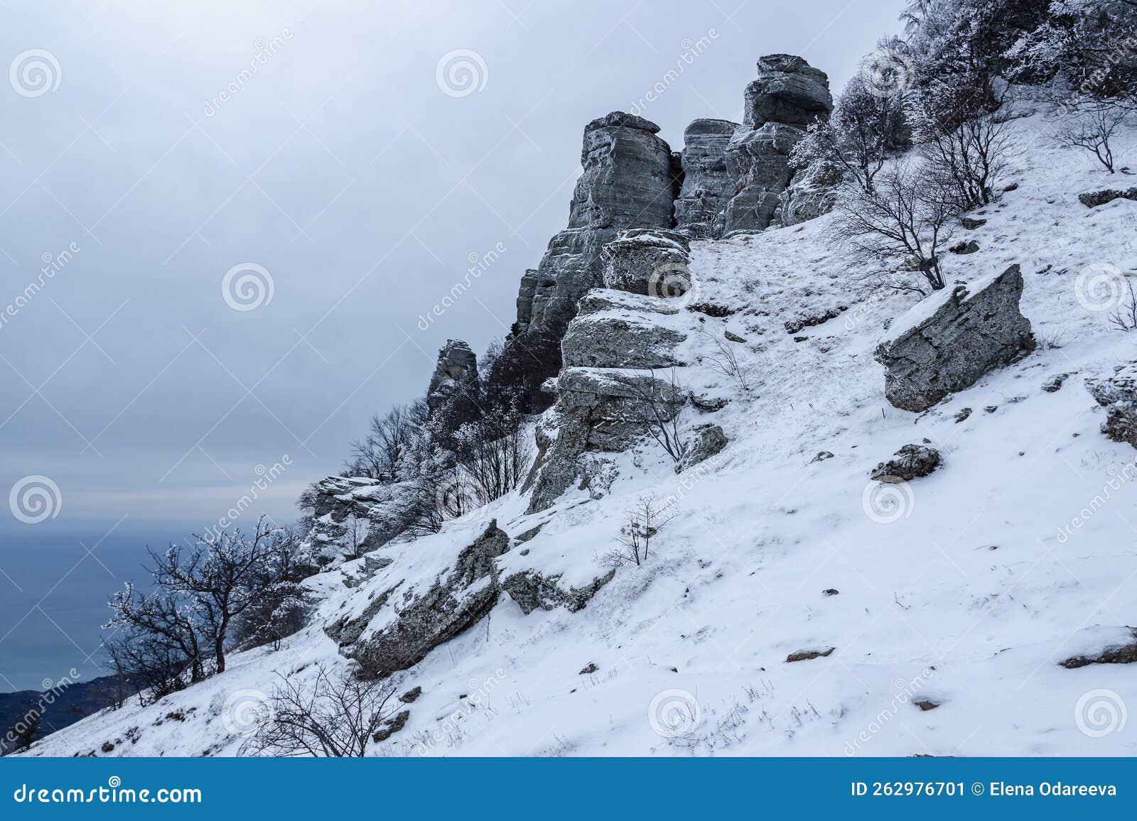 mount alenga near southern demerdzhi in snow and ice in spring. crimea