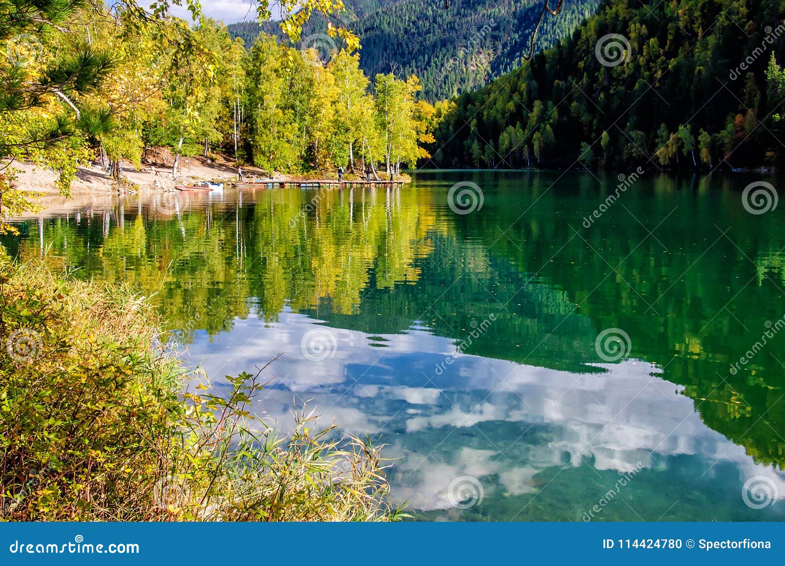 Mountain Autumn Green Siberia Lake With Reflection Stock Photo Image