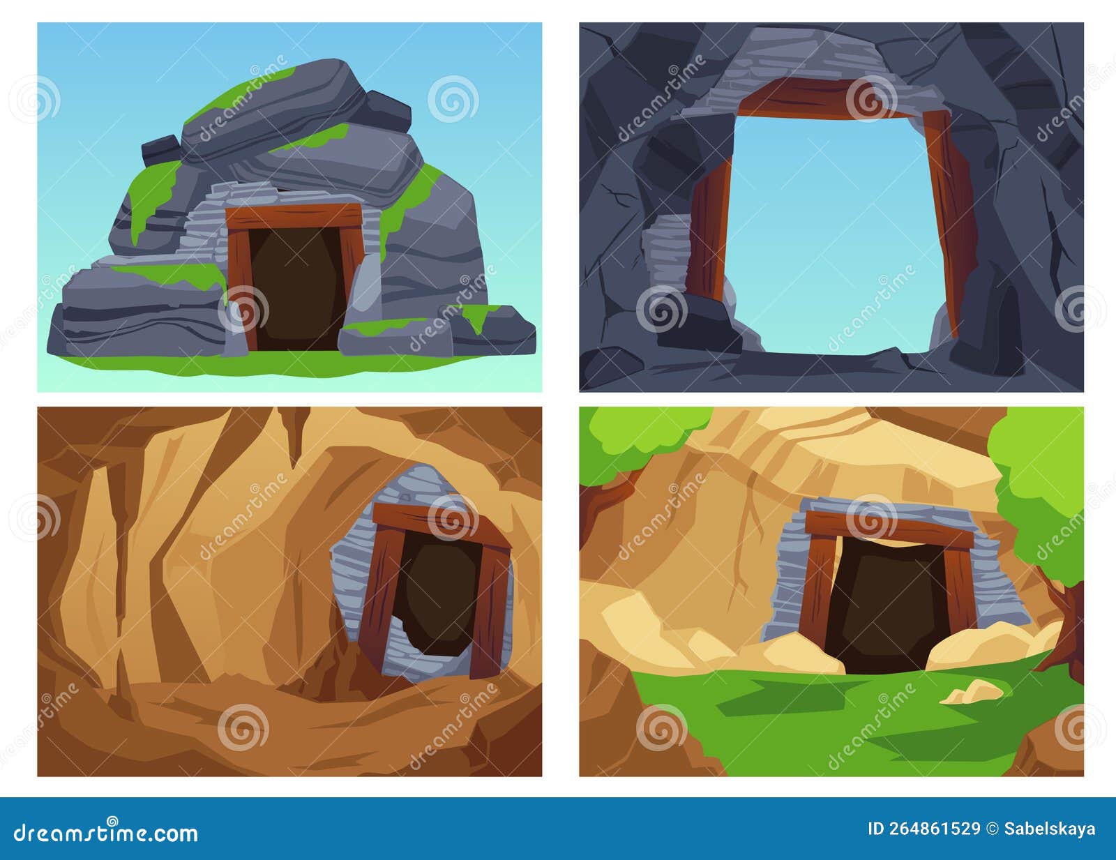 Mountain Backdrops with Rocky Stone Cave Entrance Flat Vector ...