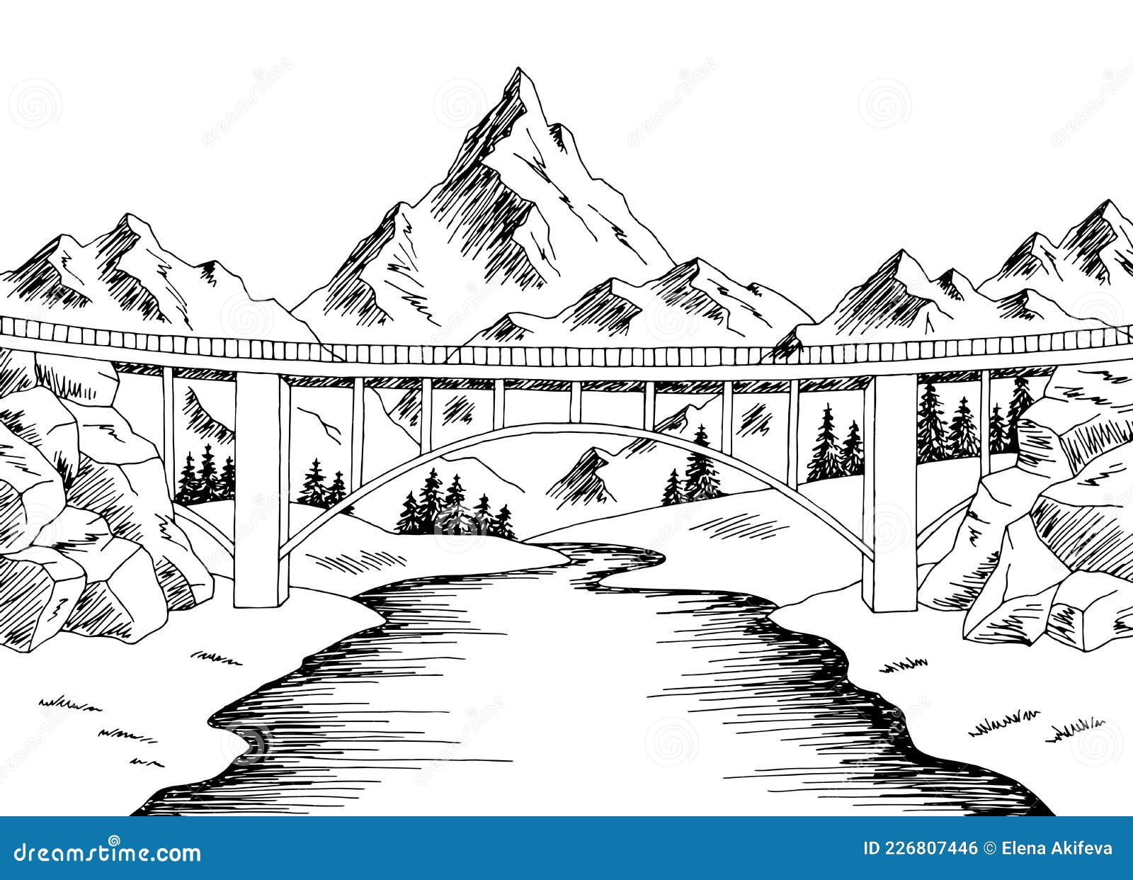 Mountain Bridge River Graphic Black White Landscape Sketch Illustration ...