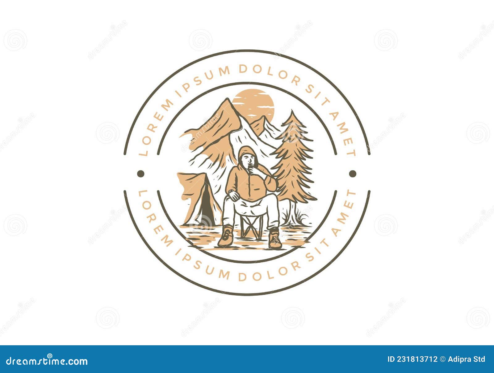 Mountain Camping Line Art Drawing with Lorem Ipsum Text Stock Vector ...