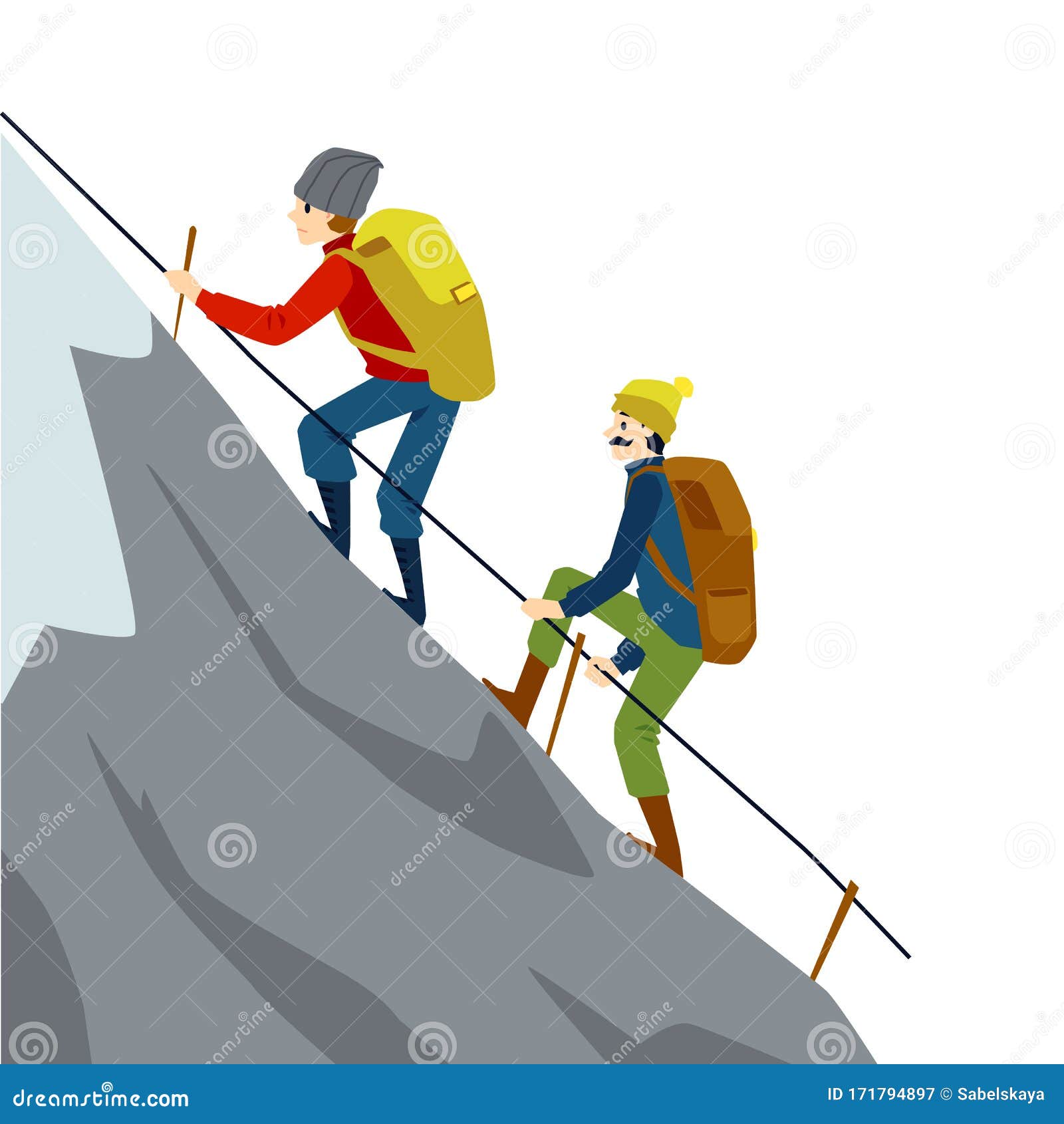 Mountain Climber Couple Climbing High Rock Rope Holding Rope Rail Stock  Vector - Illustration of flat, holding: 171794897