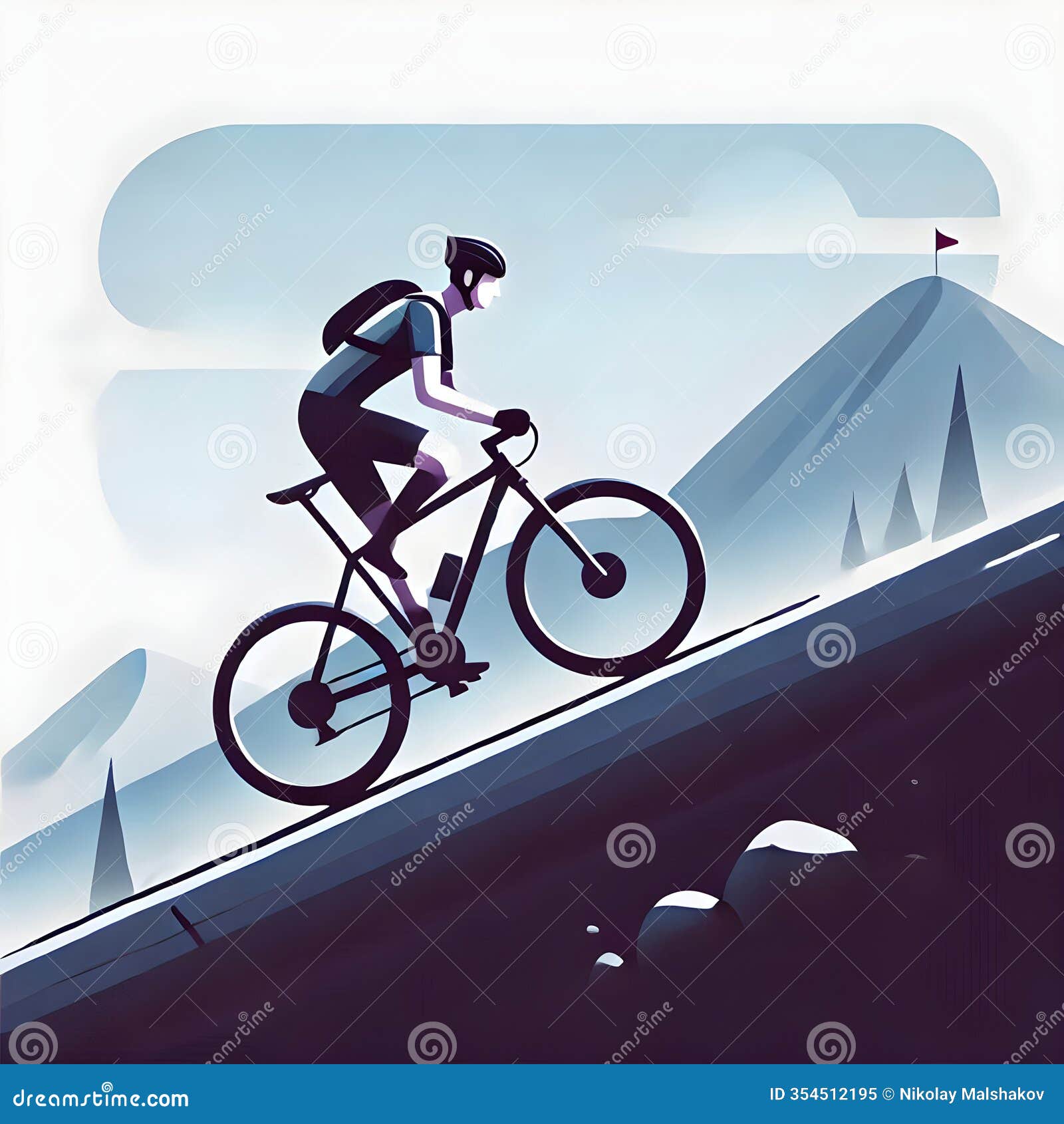 mountain cyclist straining upward on steep winding road, conquering challenging ascent toward distant peak with victory