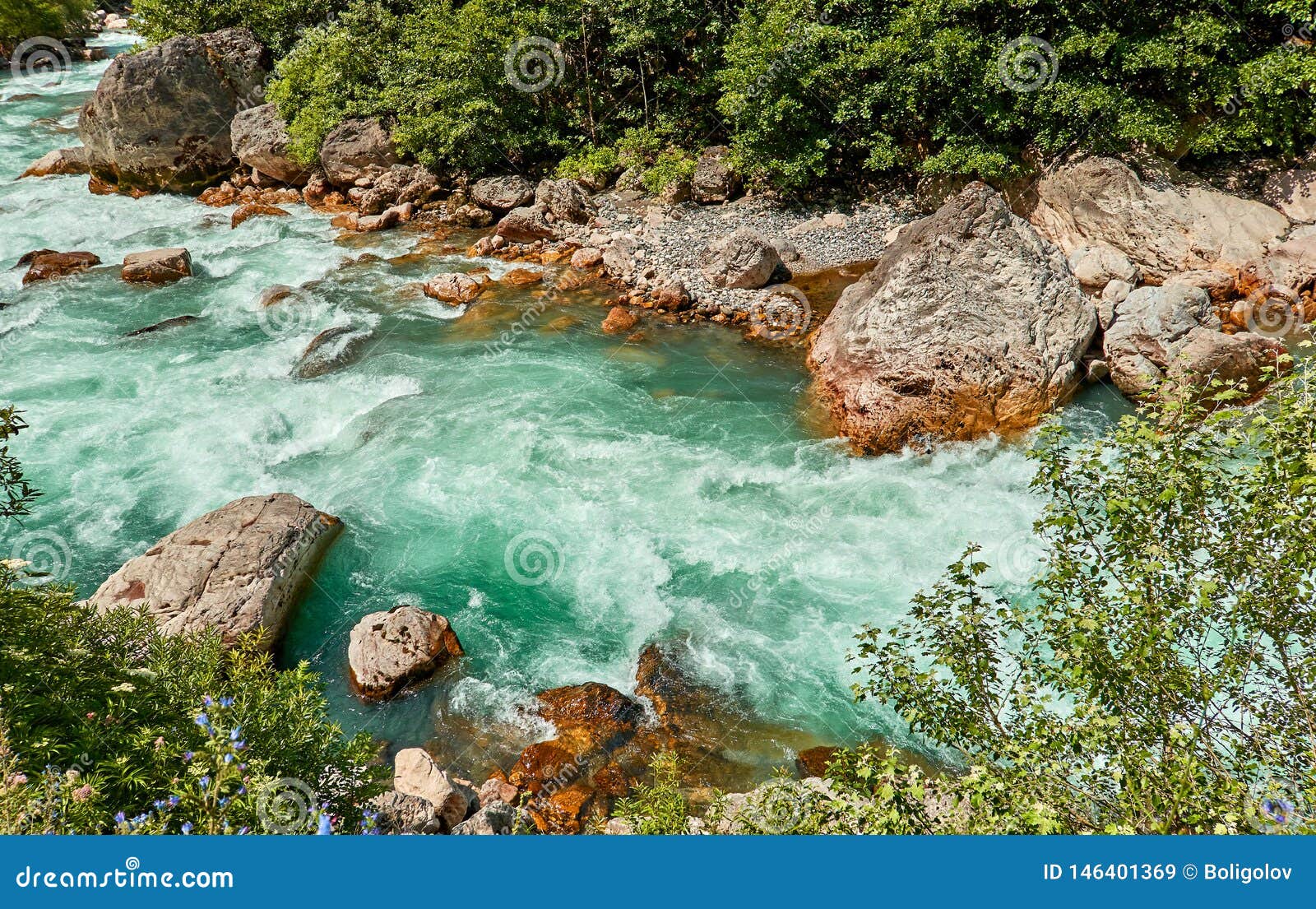 Mountain Fresh and Cold River in Summer Time Under Cloudy Sunny Blue ...