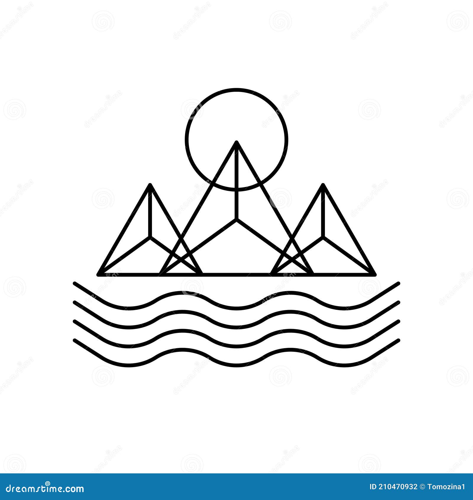 Mountain Geometric Minimal Line Landscape with Lake and Sun Stock Vector Illustration of icon