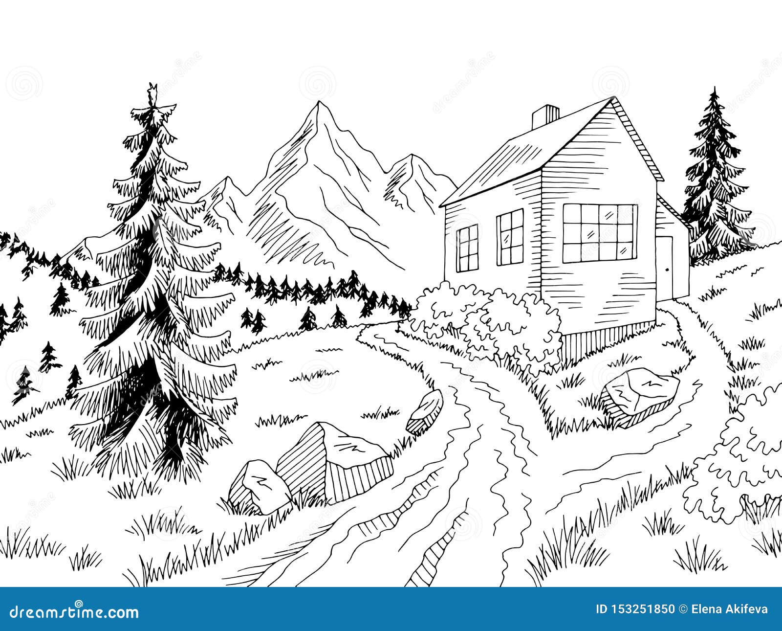 Mountain House Road Graphic Black White Landscape Sketch Illustration ...