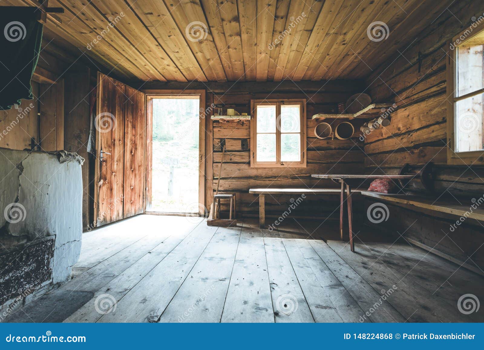 mountain hut in austria: rustic wooden interior