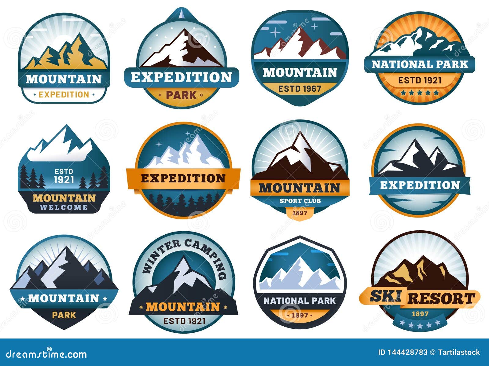 mountain labels. hiking emblems, mountains emblem badges and outdoors hill travel label  set