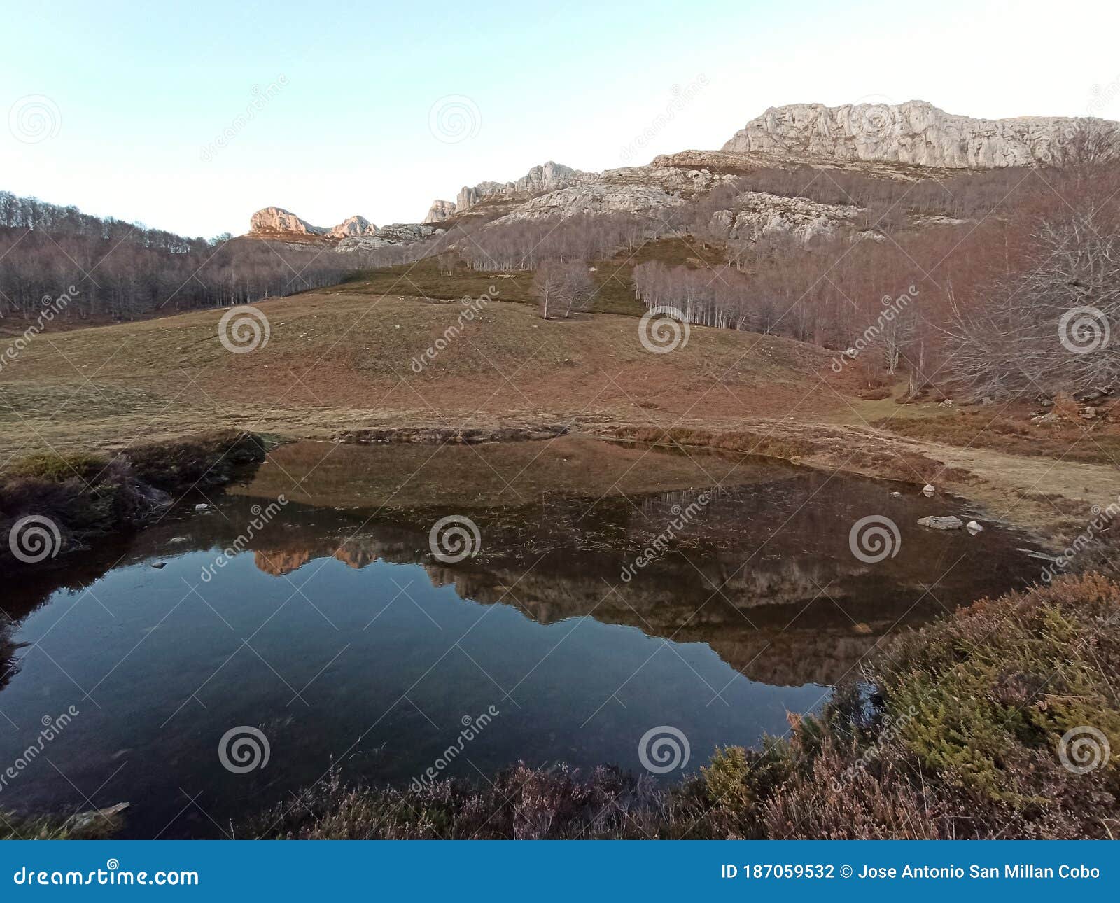 reflections, mountain lake in the cordillera cantabrica. espinosa de los monteros in the north of burgos