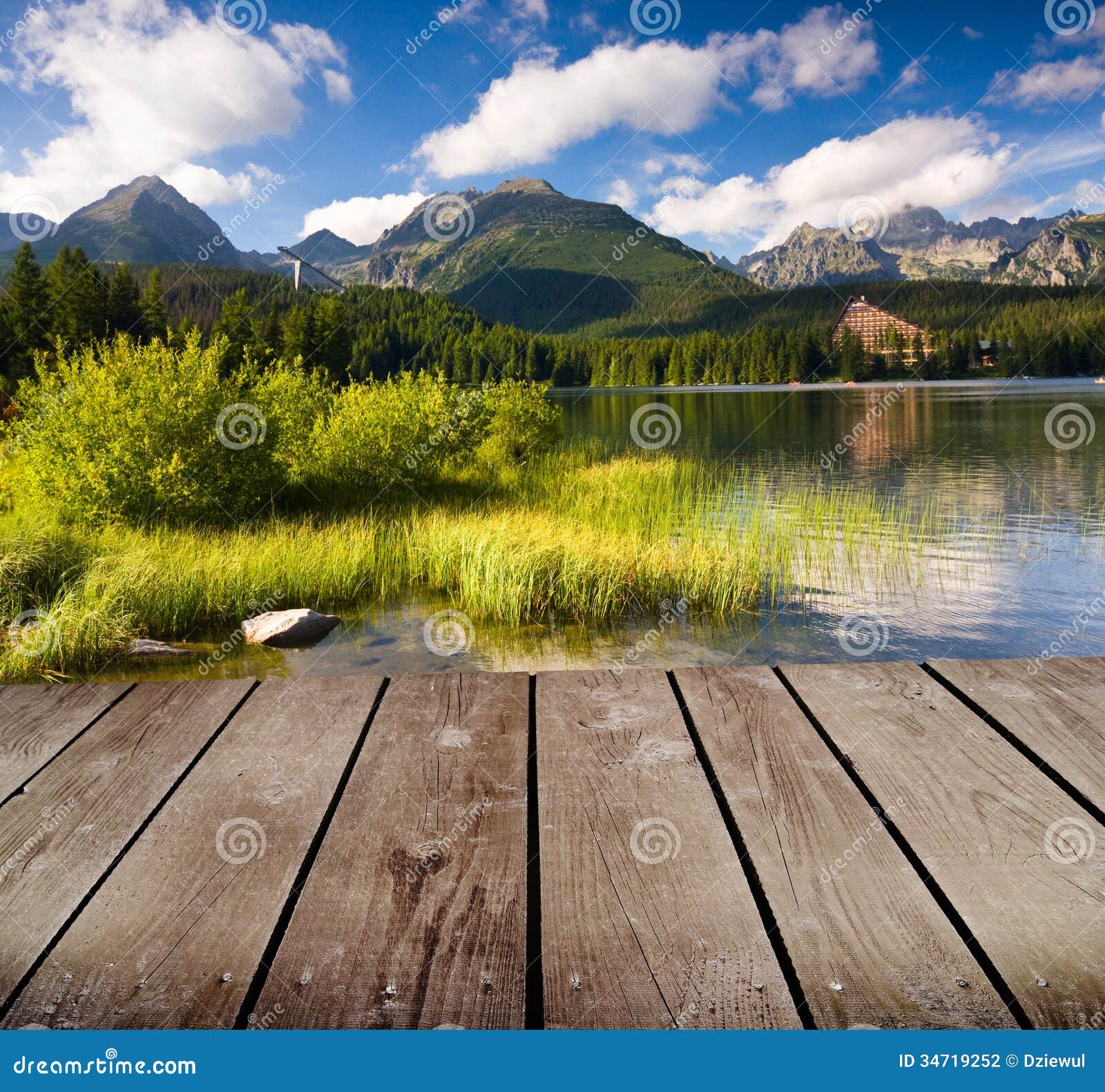 Mountain Lake And Empty Wooden Deck Table Stock 