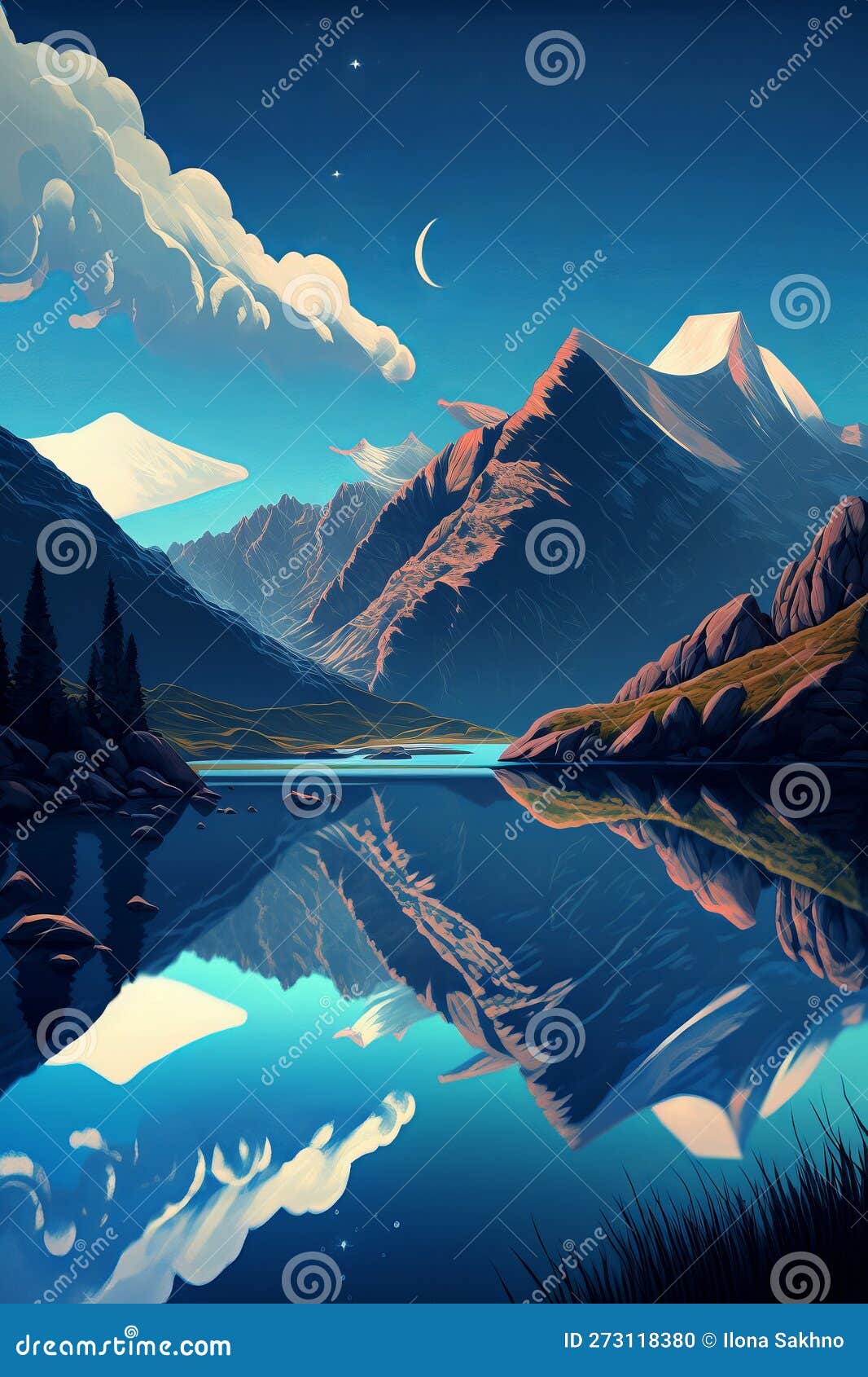 Mountain Lake. Fantastic Evening Panorama of the Lake Stock