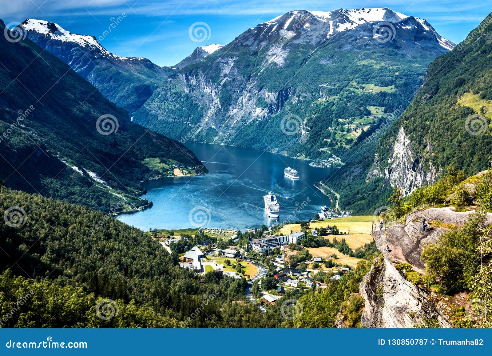 mountain landscape with aerial view of geiranger fjord in summer