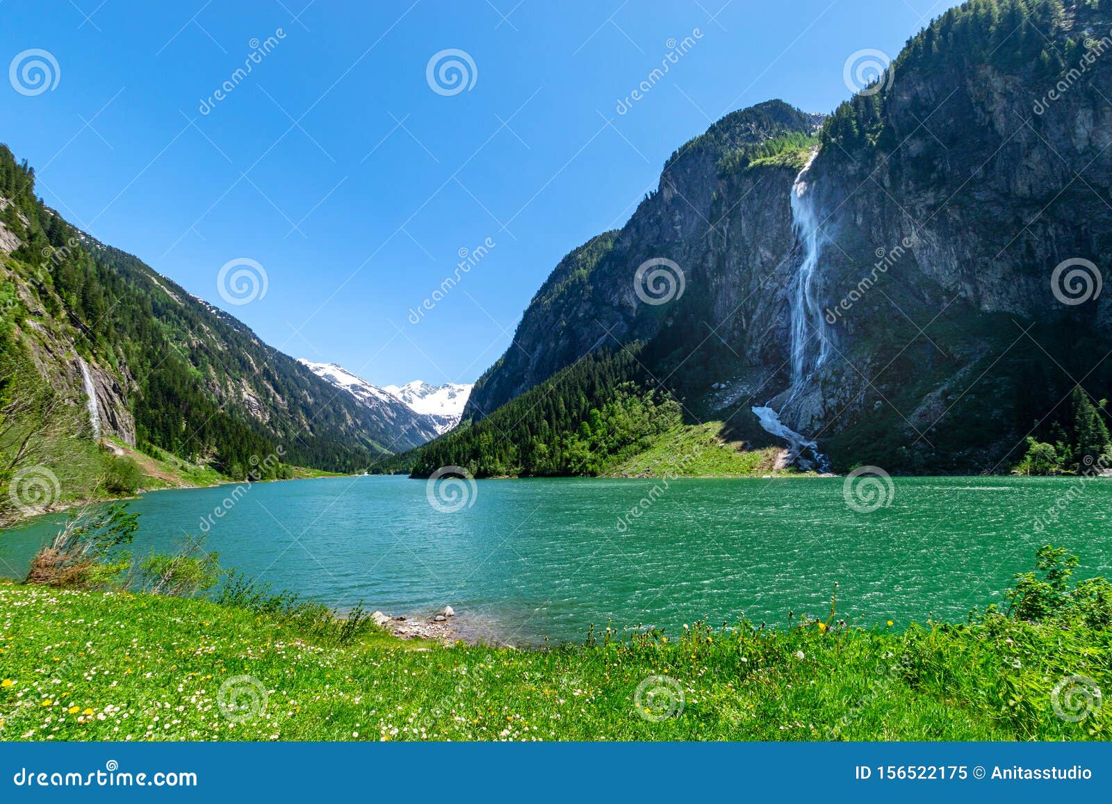 vagabond pastel hval Mountain Landscape with Clear Turquoise Lake and Waterfall in the Alps.  Zillertal Alps Nature Park, Austria Stock Image - Image of melt,  environment: 156522175