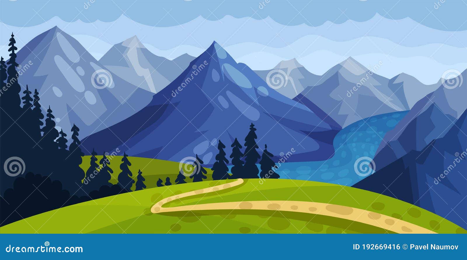 Mountain Landscape with Distant Peaks and Green Hill with Winding Path ...