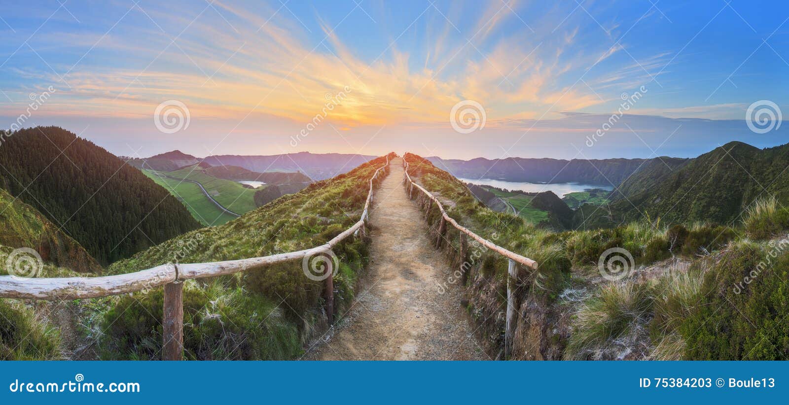 mountain landscape with hiking trail and view of beautiful lakes, ponta delgada, sao miguel island, azores, portugal