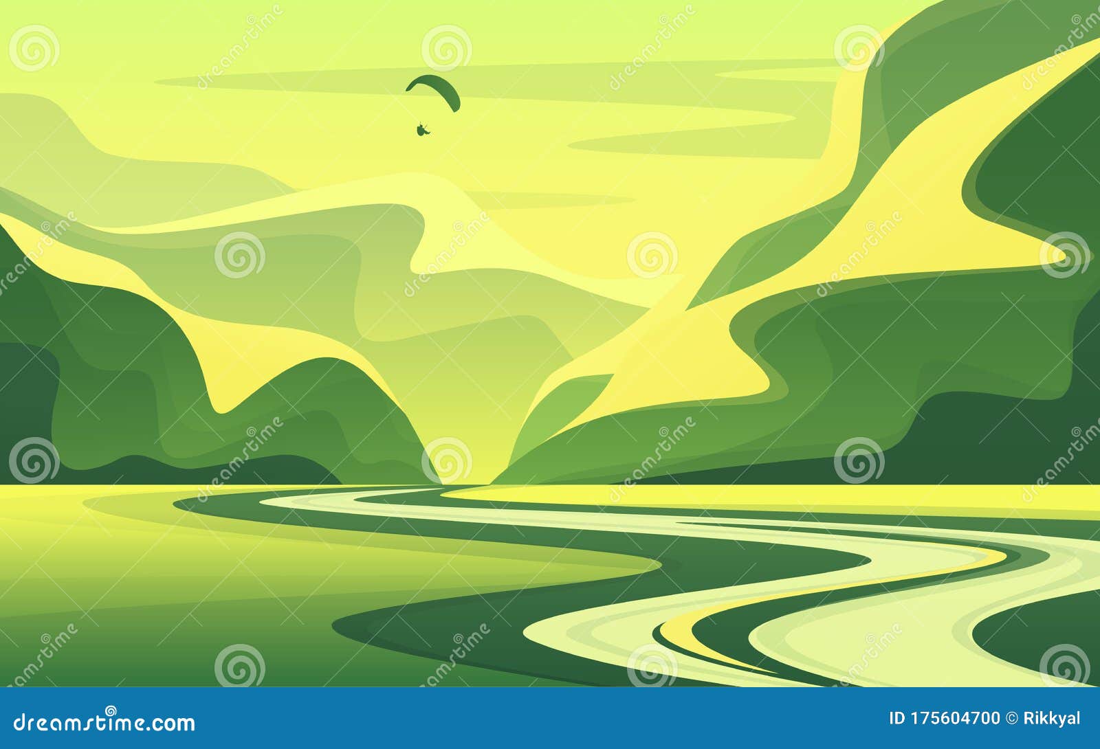 Mountain Landscape with Peaceful River Valley in the Summer. Vector