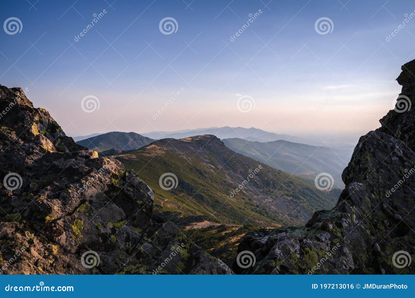 mountain landscape at sunset with the haze covering the valley, sierra de francia, salamanca, spain